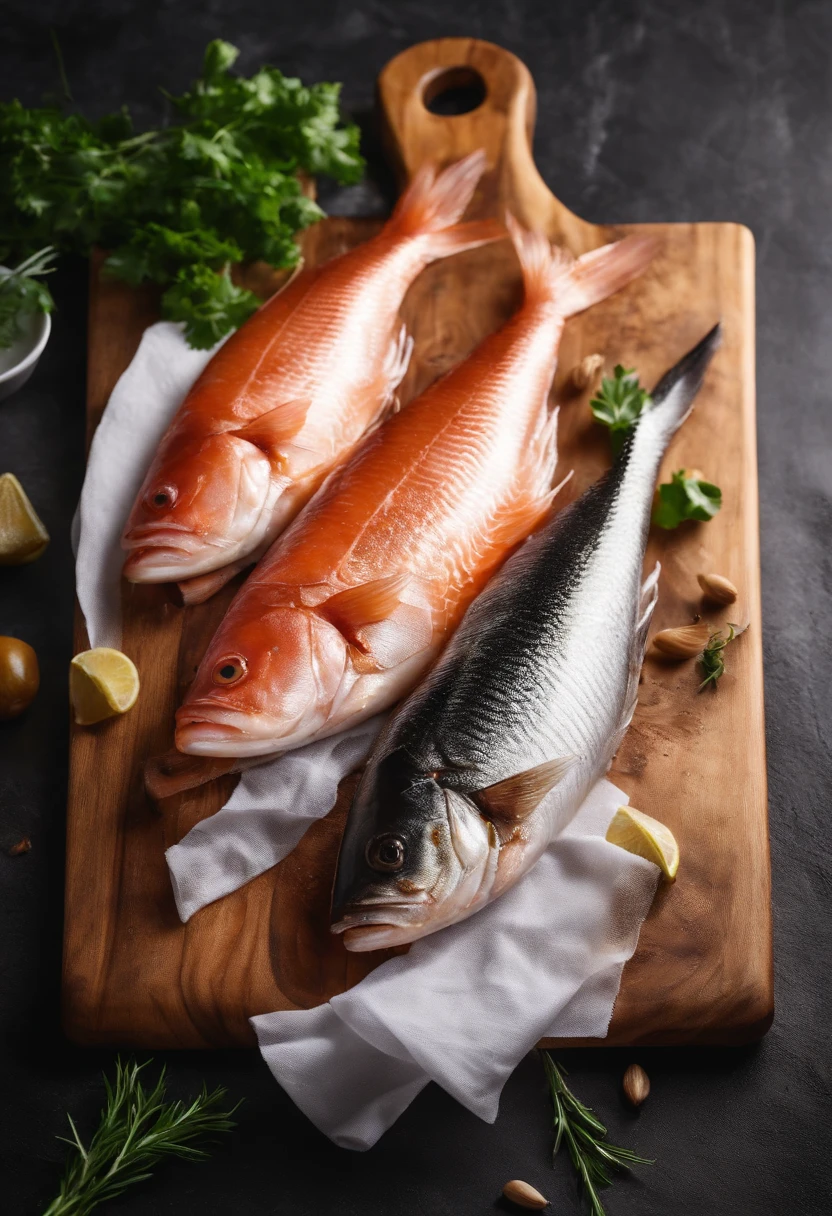 Raw fish wrapped in a kitchen board with white paper towels,True 4K HD 1;1 Horizontal version