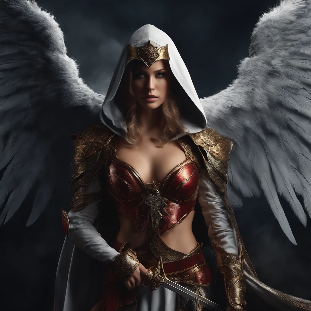 realistic, 4k, an angel with big wings, a sword, a hood over his head in the background image of a war (chaos) ,bold costume,sexy body, (female)