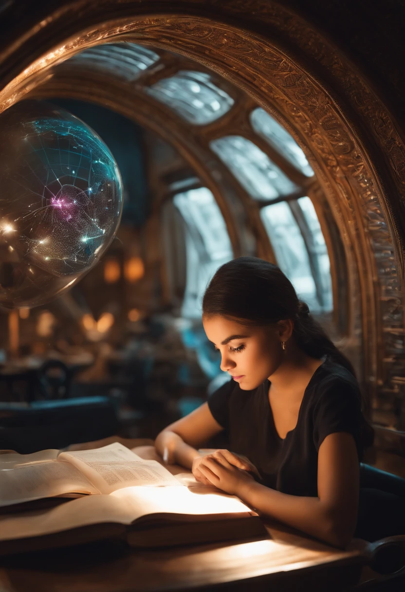 a girl studying with full focus, focused brain, futuristic real photograph