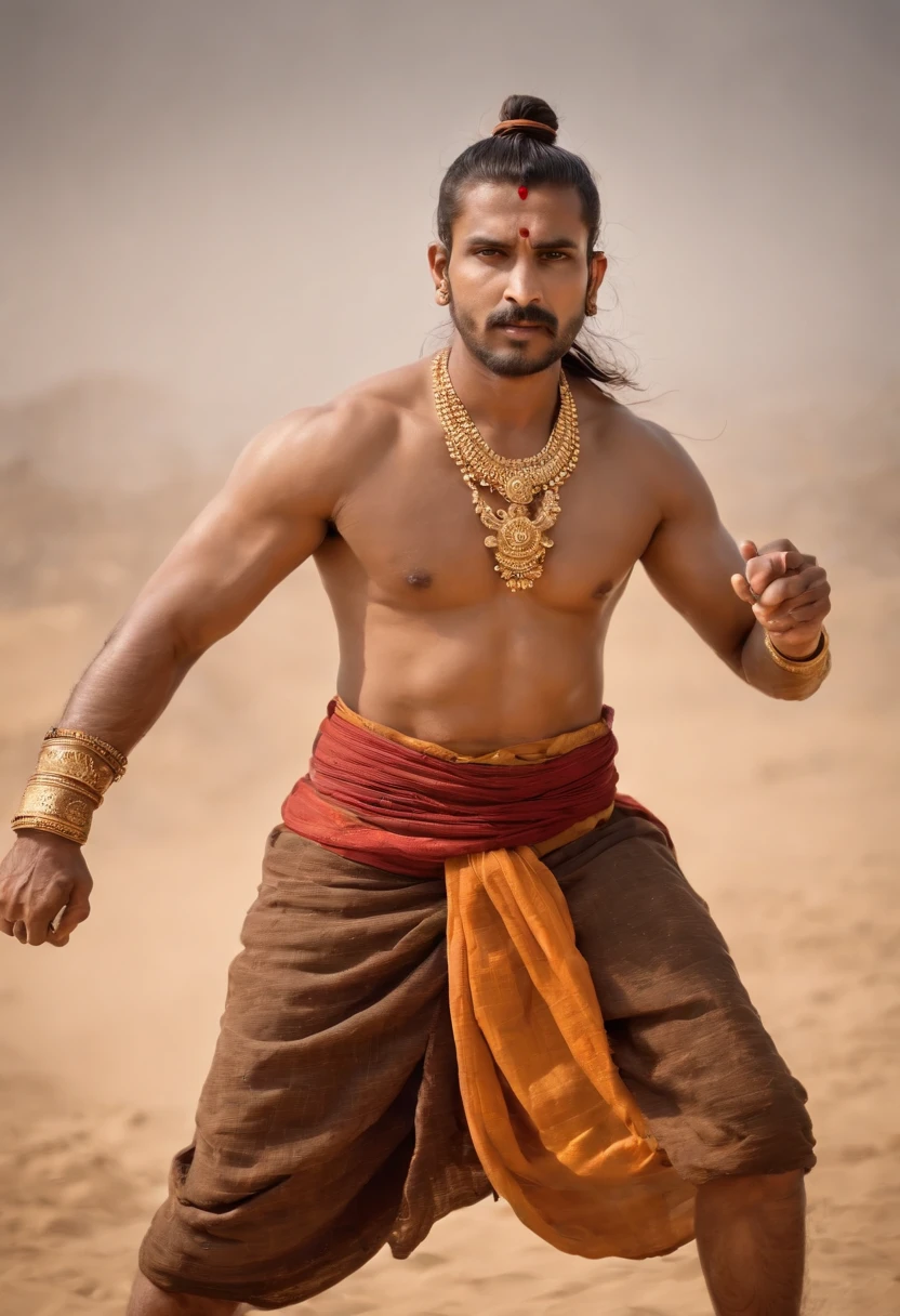 A man who have bun hair tide with rudraksha, orange lighting bottom wear dhoti, rudraksha necklace, and clear chest, in his hand have a big double sided axe weapon whose top is put on the ground surface axe weapon gold focus , like a Hindu meathology warrior , full body, standing position on front, his weapon handle is cached in his both hand and on the weapon top touched from earth surface who is made by double sided golden ancient warrior axe blade