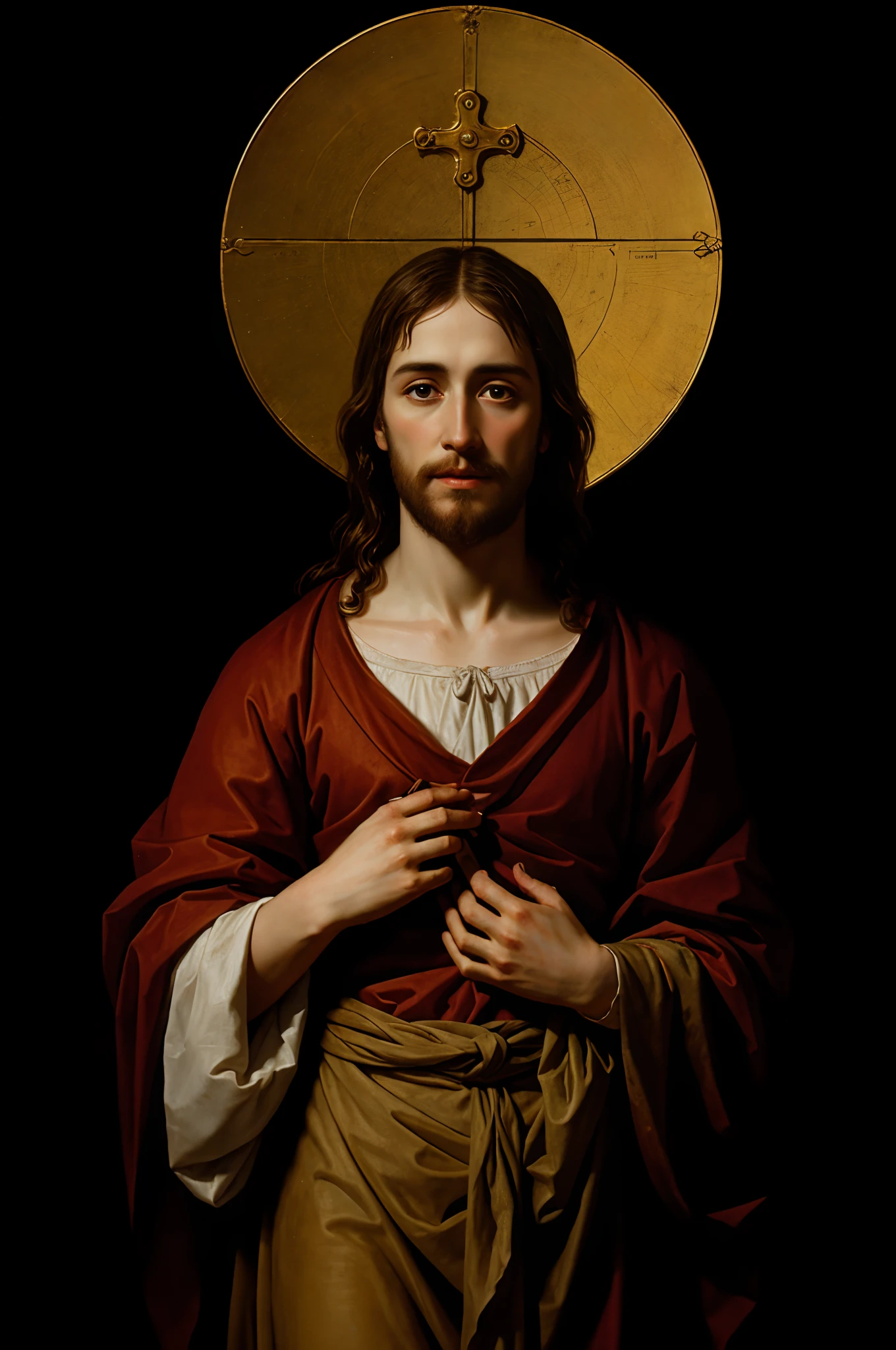 Jesus Christ shows his stigmata to the viewer, black background, art by Anthony van Dyck