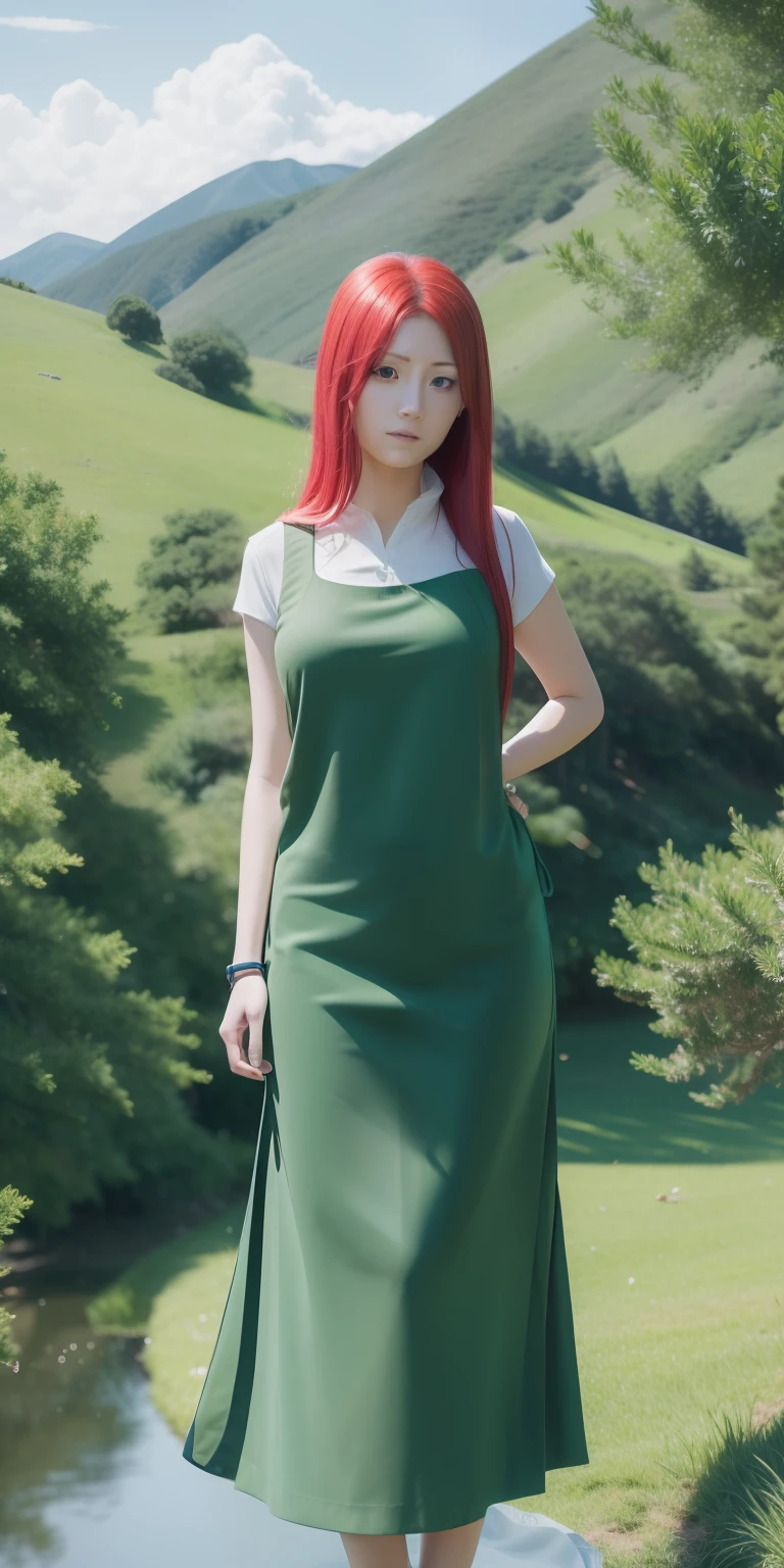 Kushina uzumaki. A woman standing on the edge of the field. His left hand was reflected in his waist. She's wearing a green and white sweater. She has long straight hair untangled not tied. With a pin to the right of his forehead. He had a white as snow. With rosy cheeks and tiny pink lips. He looked into the camera. So pretty and realistic