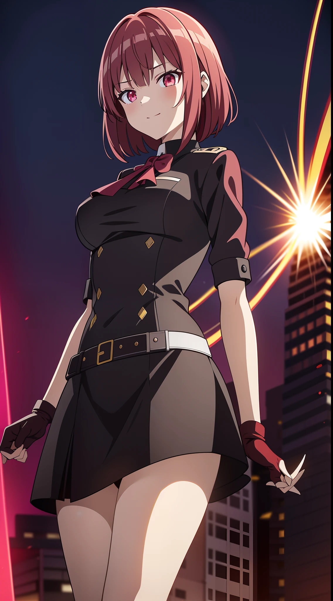 V family character face, Minko, Maroon wavy head, Burgundy military uniform, Short burgundy skirt, Imperial sister characters, The bangs are parted diagonally to the right, Natural short hair, golden colored&Brown gradient pupils, Red combat leather gloves, exposing your navel,Slightly exposed chest,, Top hat tiara, Round earrings in yellow gold, High-heeled burgundy leather boots, Round silver bracelet, B cup,, Black lining, Knee-length black leather socks, Apply rose red nail polish to your nails, Brownish red hair, watered eyes, Glowing eyes, ssmile, The eyes are firm, Look ahead，Anime comic style, lines of movement, speed-line,, Ray tracing, projected inset, angle of view, Close-up, Sony FE GM, Nikon, 135mm, f/16, Eye level shots, emphasis lines, Textured skin, hyper HD, retinas, Masterpiece, Super detail, 8K quality，k hd, A high resolution，Heavy sniper rifle on the back，combat scene，Running chase pose，Holding a short knife