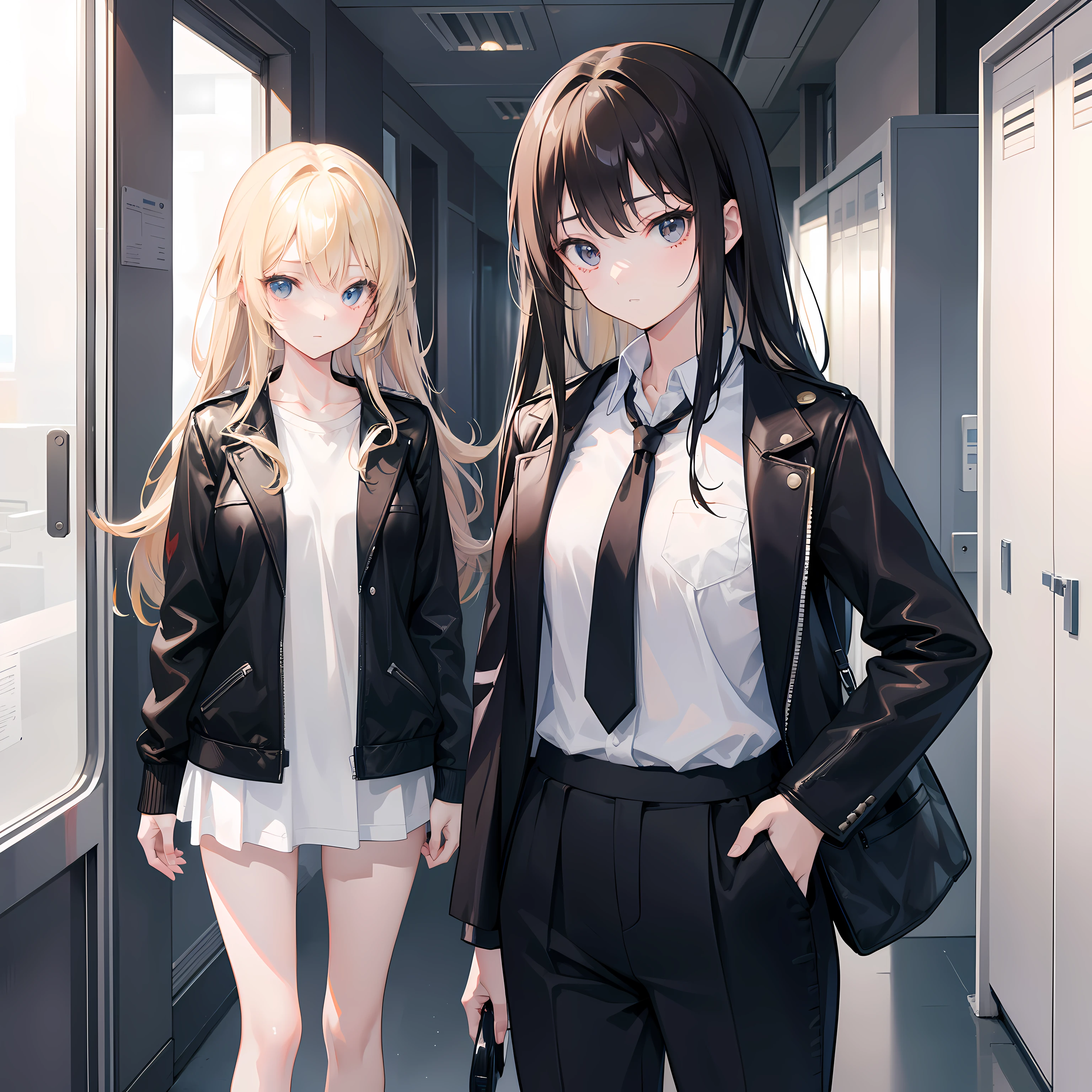 Create an image of two cute anime characters, Yori and Aina, standing in a college hallway. Yori is a beautiful black-haired girl with a lot of attitude. She is stylish and extroverted, and she is wearing a leather jacket, a white college shirt, a dark brown tie, and sneakers. She has a comfortable expression on her face. Aina is a beautiful blonde-haired girl who is shy and introverted. She is wearing a white college shirt, a dark brown college coat, a dark brown tie, and sneakers. She has an uncomfortable expression on her face. The two girls are standing with their faces in opposite directions.