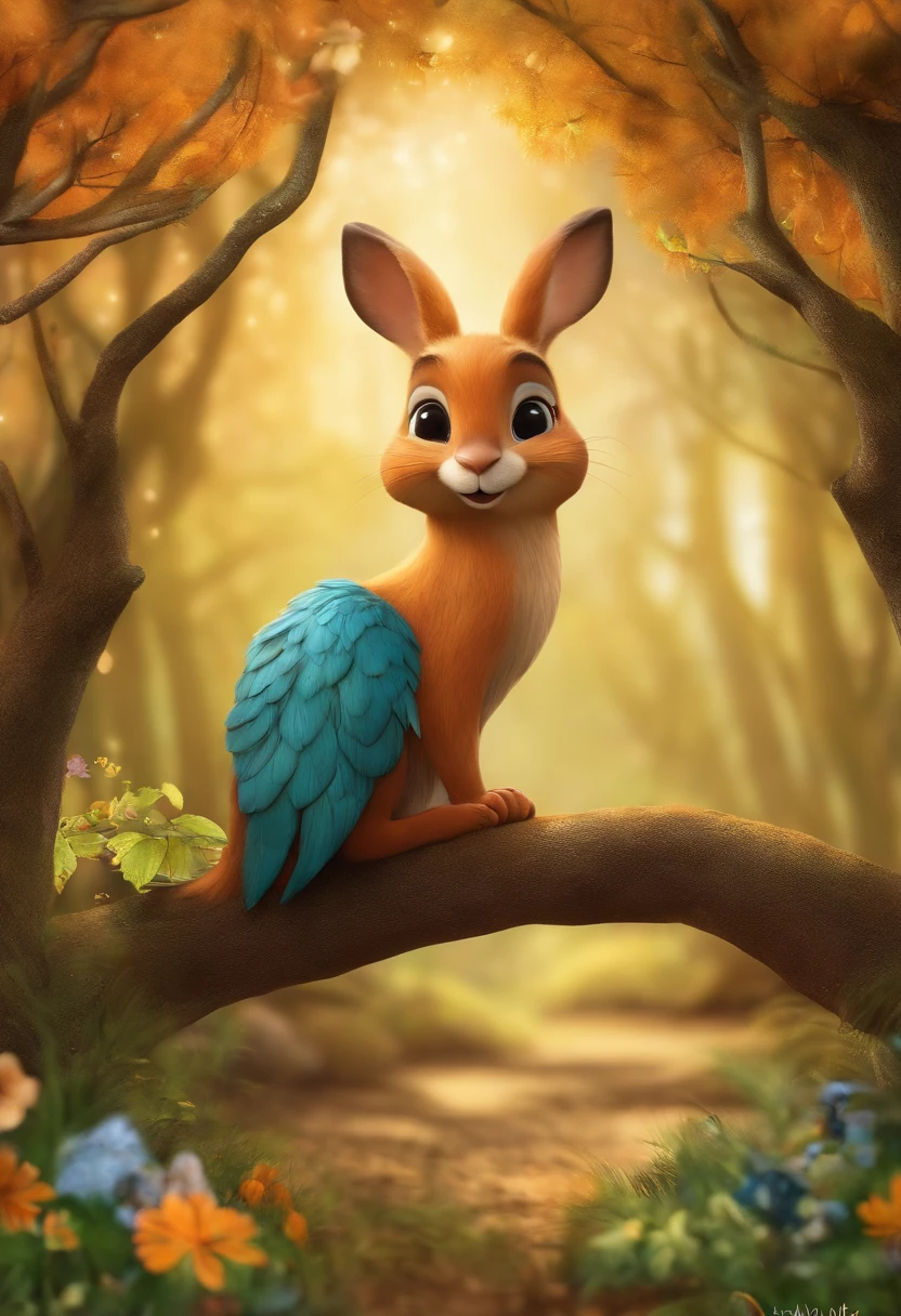 estilo infantil, livro infantil, um coelho, uma raposa, um esquilo e uma coruja, em uma floresta, bonita, alegre, divertida