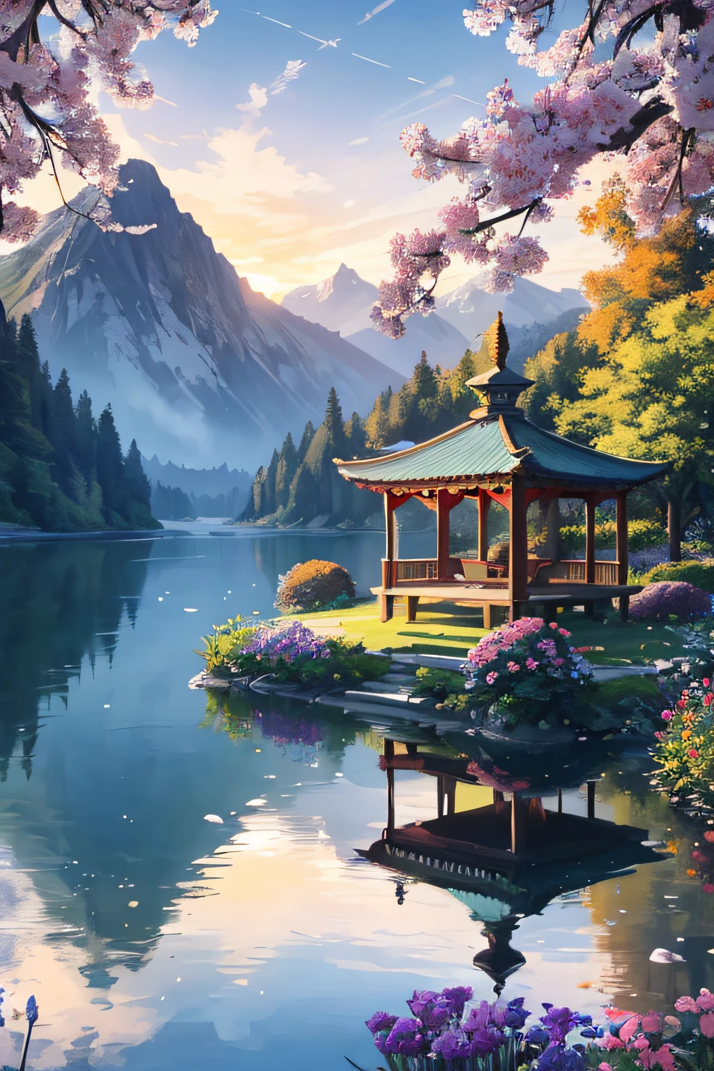 Evening by the lake,The sun shines on the lake,It's like it's sprinkled with golden diamonds。The breeze blows through,The flowers on the grass sway gently,Bursts of fragrance。
A small wooden bridge spans the lake,It is carefully carved,It presents a quaint charm。Several antique lanterns are lined up on the bridge,The lights are warm and soft,Cast a faint glow。
At the other end of the bridge is a beautiful sea of flowers,Colorful flowers bloom in a picturesque landscape。Red roses、Purple lavender、White tulips intertwined with each other,It's like a gorgeous oil painting。
There is a small pavilion by the lake,The pavilion is crawling with green vines,It seems to be an emerald green picture given by nature。Inside the pavilion is a delicate coffee table and several elegant rattan chairs,Let people sit down and enjoy a cup of tea,Enjoy the beautiful scenery reflected on the lake。
Mountains loom in the distance,Clouds surround it,It's like a fairyland。The setting sun shines obliquely at the foot of the mountain,It sets off a fuchsia dream。
There is a young couple on the path by the lake,Hand in hand,Take a leisurely stroll。A few colorful butterflies flew around them,It seems to be adding a touch of romance to their beautiful moments。
At the moment,Time seems to freeze,Everything became peaceful and beautiful。This beautiful scene is like a perfect painting,It's heart-wrenching,It's like being in a fairytale world。