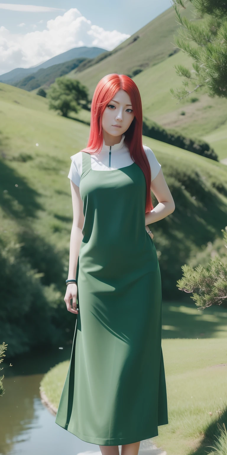 Kushina uzumaki. A woman standing on the edge of the field. His left hand was reflected in his waist. She's wearing a green and white sweater. She has long straight hair untangled not tied. With a pin to the right of his forehead. He had a white as snow. With rosy cheeks and tiny pink lips. He looked into the camera. So pretty and realistic