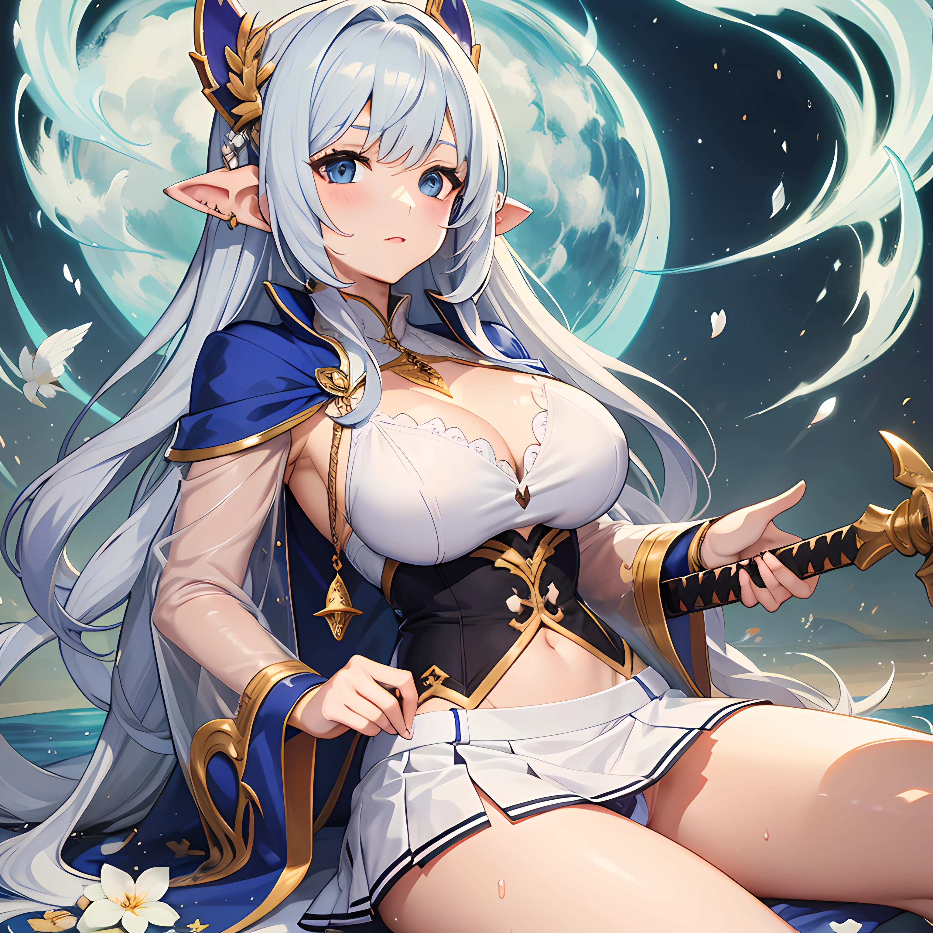 Anime style. Girl. A world of swords and sorcery. White underwear. Miniskirt. Milking. Sitting and opening the crotch.