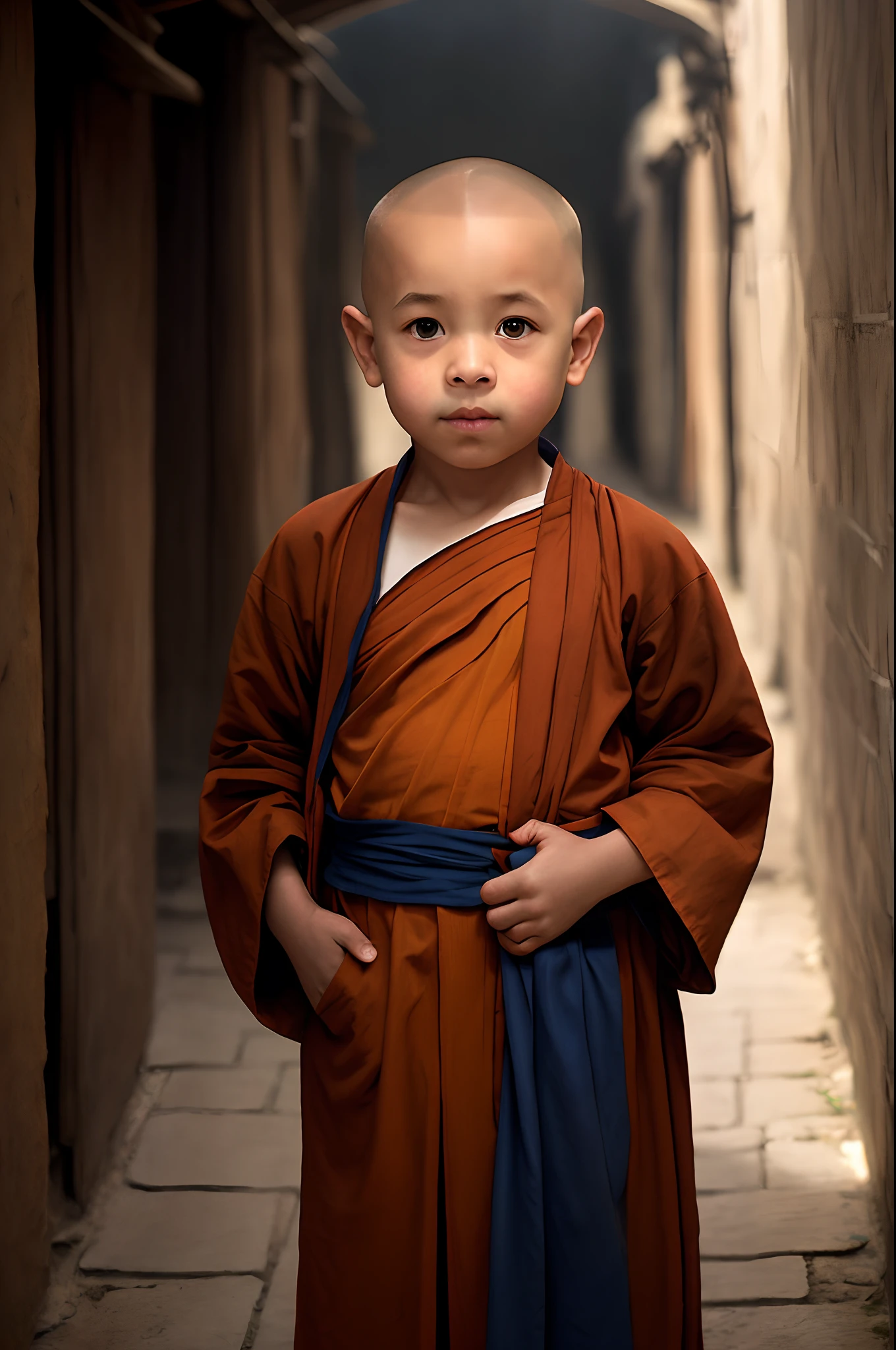 Arafeld children in monk's robes stand in a narrow alley, monk clothes, portrait of monk, buddhist monk, wearing brown robes, monk, 2 1 st century monk, portrait shooting, wojtek fus, full body picture of a male monk, dressed in simple robes, Buddhist, little boy wearing nun outfit, Serene expression, wearing a long flowing robe