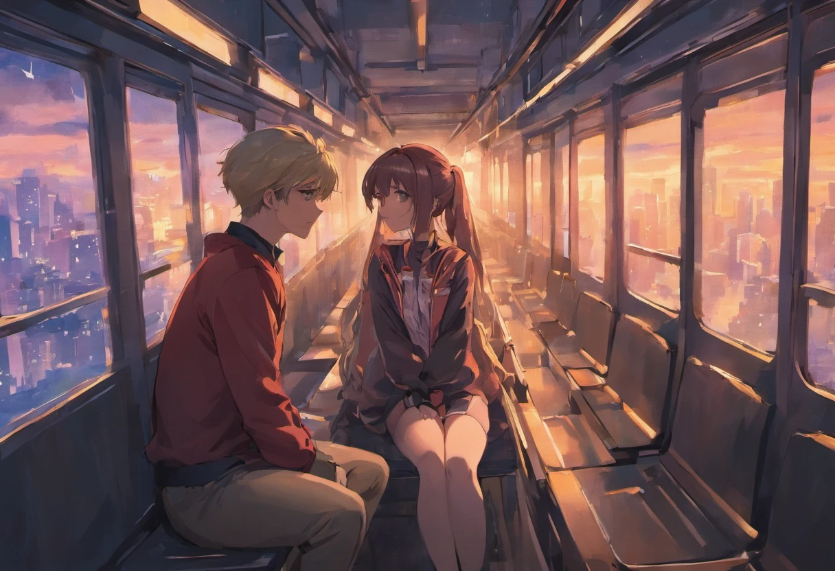 anime,couple,sit,train,night,nightrender,facelook,cover,bgcitylight,window