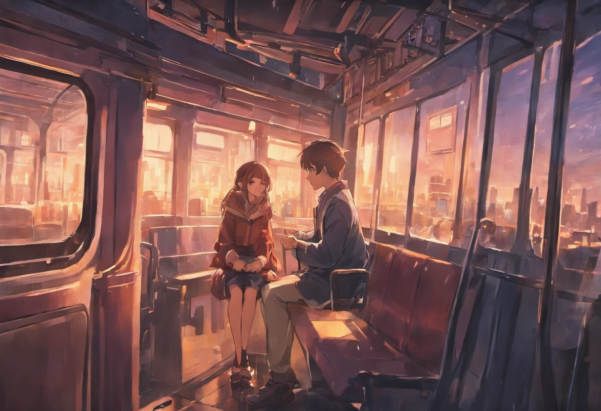 anime,couple,sit,train,night,nightrender,facelook,cover,bgcitylight,window