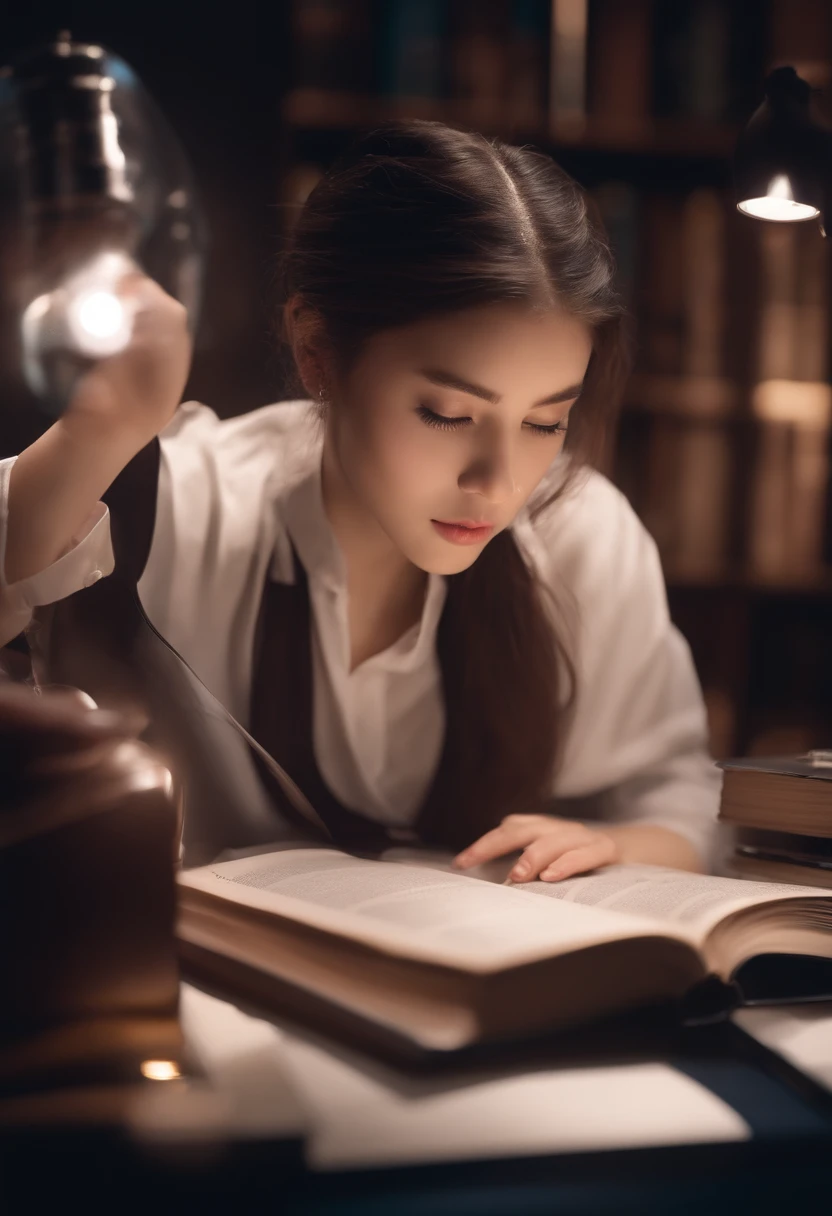 A girl who is engrossed in her studies, Focused brain, Futuristic live-action photos