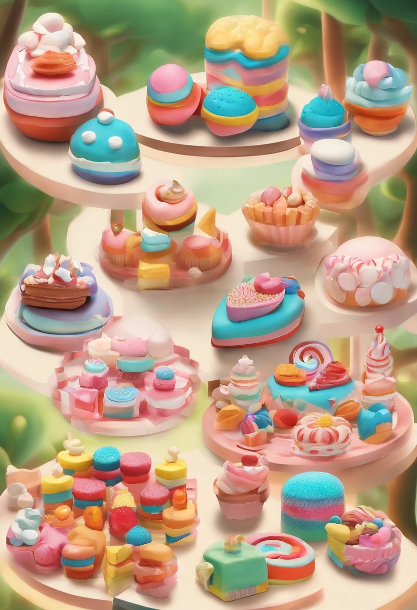 (A cute, Cartoon dessert characters,Has minimal human characteristics): Sweet and lively face, Round and shiny eyes, Cute little mouth, Soft and soft body, Extremely colorful,Vibrant appearance, adorable expression, The limbs are small and stout, Joy resonates with joy, Naughty and mischievous personality, A little clumsy,But full of charm, A touch of magic and wonder, Surrounded by desserts and sugary treats, A whimsical dessert wonderland, Fill with sweets, chocolate bar, and pastries, Sugar-coated fantasy world, Land where calories don't count, A delicious adventure in dessert paradise, Bright colors and a joyous atmosphere, Sweet aroma, With marshmallow clouds and lollipop trees as background, Cheerful and seductive presence, Dessert companion,Put a smile on everyone's face. (Best quality, High-res), A delightful blend of sweetness and cuteness, A masterpiece of confectionery art, Eye and heart care, Fascinating and coveted work, Light up the dessert companion for any day.