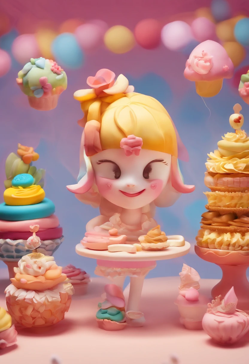 (A cute, Cartoon dessert characters，Has minimal human characteristics): Sweet and lively face, Round and shiny eyes, Cute little mouth, Soft and soft body, Extremely colorful，Vibrant appearance, adorable expression, The limbs are small and stout, Joy resonates with joy, Naughty and mischievous personality, A little clumsy，But full of charm, A touch of magic and wonder, Surrounded by desserts and sugary treats, A whimsical dessert wonderland, Fill with sweets, chocolate bar, and pastries, Sugar-coated fantasy world, Land where calories don't count, A delicious adventure in dessert paradise, Bright colors and a joyous atmosphere, Sweet aroma, With marshmallow clouds and lollipop trees as background, Cheerful and seductive presence, Dessert companion，Put a smile on everyone's face. (Best quality, High-res), A delightful blend of sweetness and cuteness, A masterpiece of confectionery art, Eye and heart care, Fascinating and coveted work, Light up the dessert companion for any day.