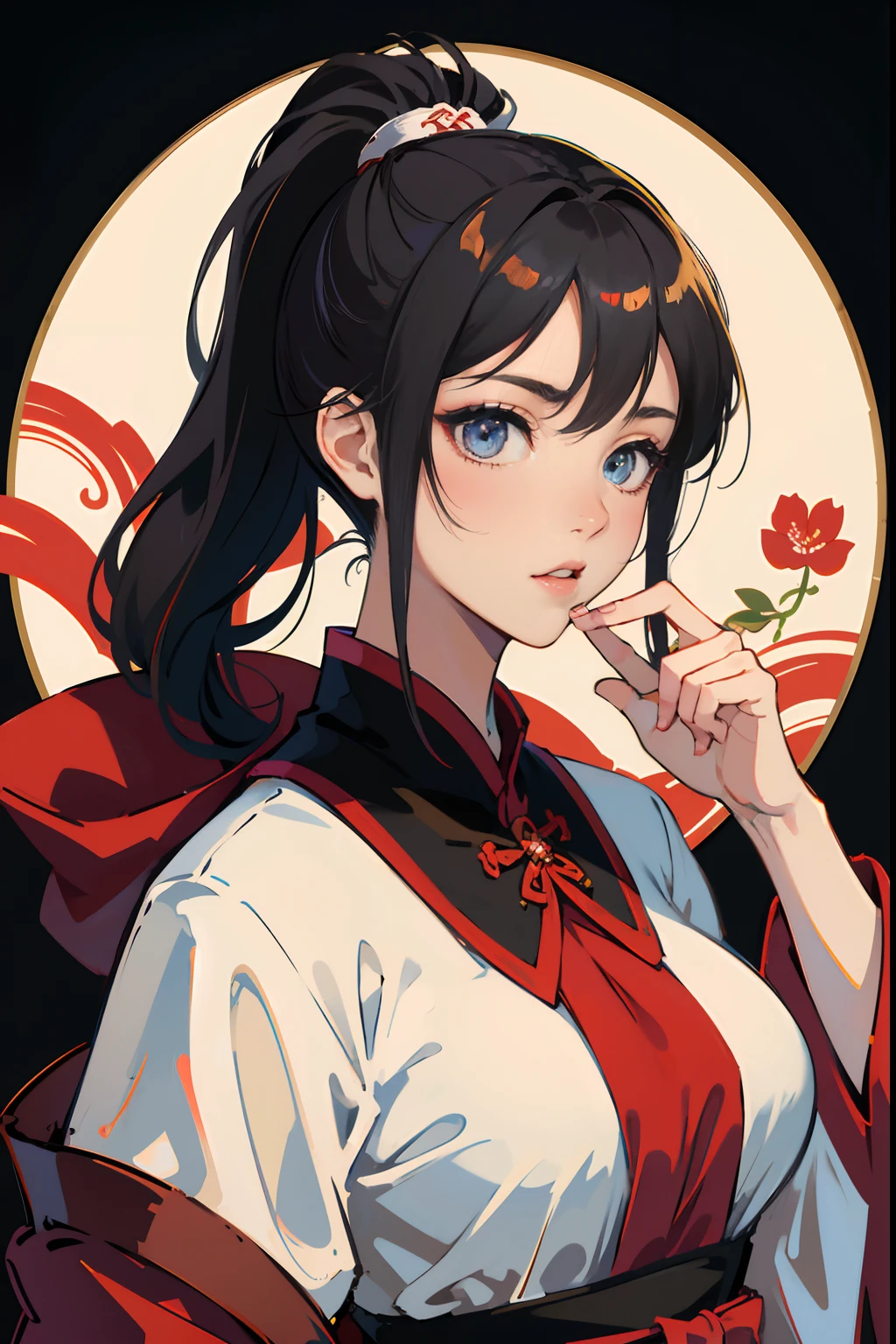 anime big breast、swordsman、(femele)、Black high ponytail、White Chinese Hanfu，red capelet，dynamicposes、Beautiful eyes with fine details:1.2)、 (tmasterpiece)、(very intricate)、Chinese garden garden