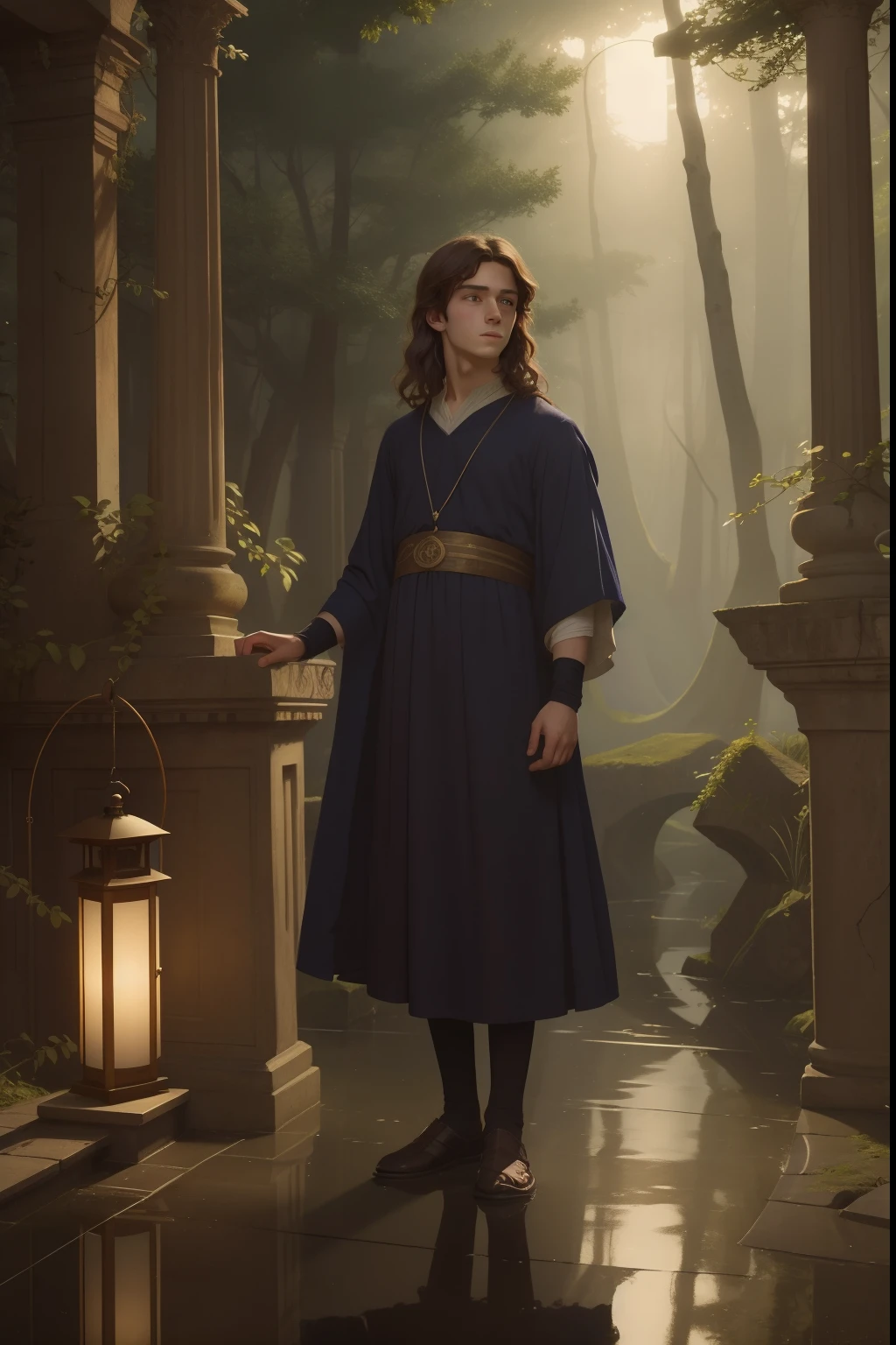Embrace the Pre-Raphaelite aesthetic to depict a teenage boy who, guided by the spectral light of a floating lantern, explores a hauntingly beautiful, twilight realm filled with enigmatic spirits and ethereal, ancient ruins from a forgotten civilization.