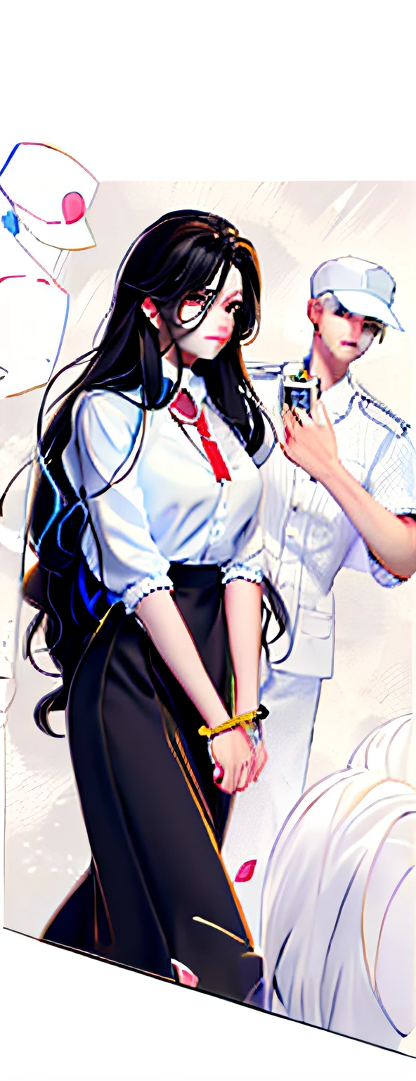 Female with long black hair,White top,a black skirt,There is blood on the hands,Police male