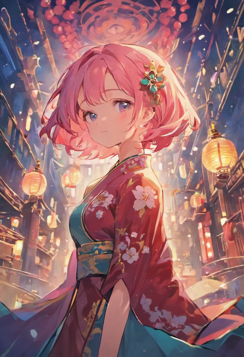 (Best quality,8K resolution,Masterpiece:1.2),A woman with pink hair in a turquoise cheongsam, busty figure,Holding a traditional red lantern, Smiling, surrounded by fireflies, Set against a backdrop of a starry sky and a lakeside, Sharp lines, Enhanced detail, Detailed facial features.frontal vision