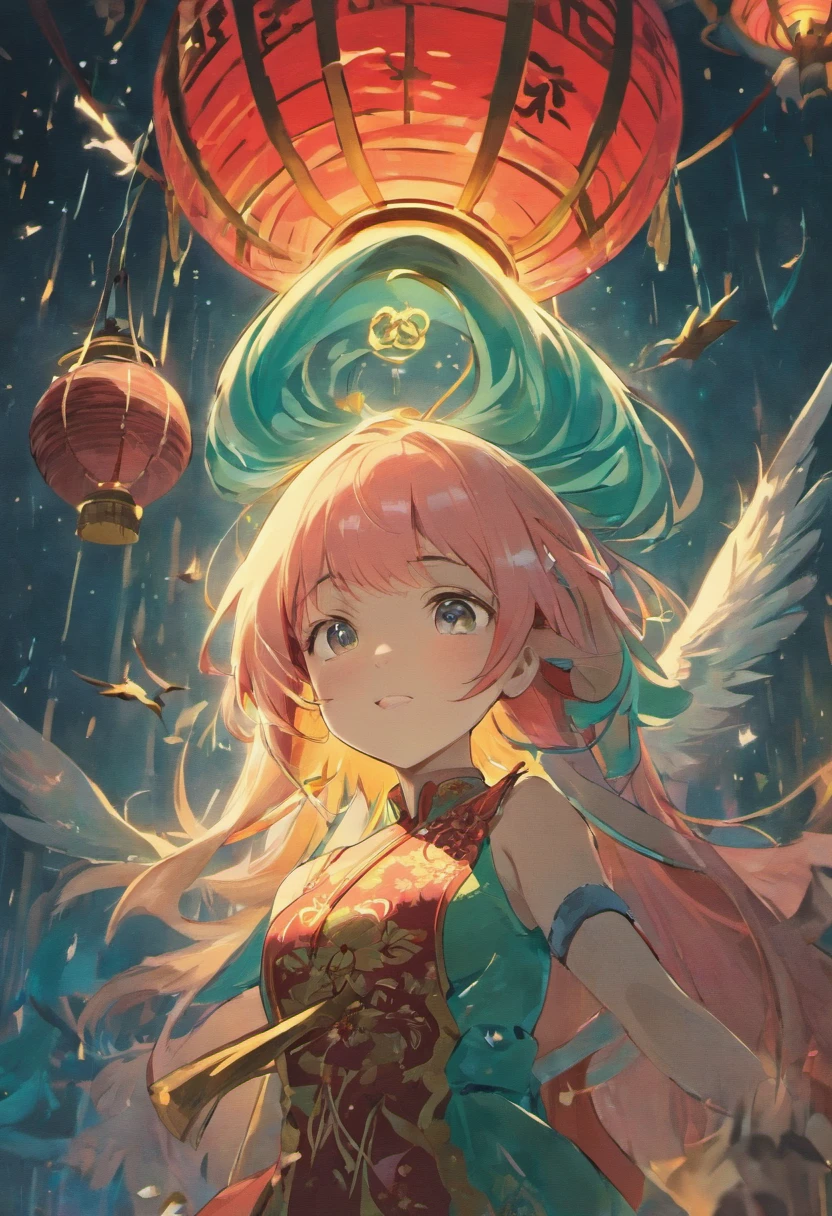 (Best quality,8K resolution,Masterpiece:1.2),A woman with pink hair in a turquoise cheongsam, busty figure,Holding a traditional red lantern, Smiling, surrounded by fireflies, Set against a backdrop of a starry sky and a lakeside, Sharp lines, Enhanced detail, Detailed facial features.frontal vision