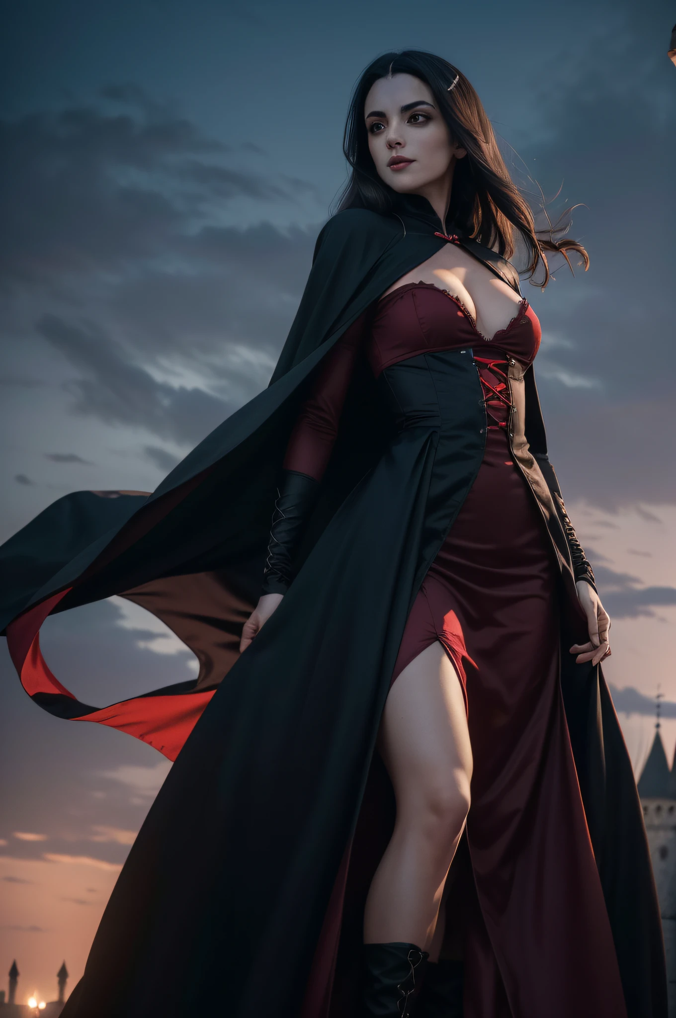 ( Qualidade 8k ), ( Melhor qualidade ), ( Ultra HD ), ( Anatomia do personagem perfeita ), ( perfect lighting ), ( Foto corpo inteiro 8k ), ( Detalhamentos perfeitos ), ( Detalhes do personagem perfeitos ), ( Details of the perfect setting ), ( Obra Prima ), ( Simetria do rosto do personagem perfeito ), ( Construction of the body of the delicate woman character ) Uma Condessa Vampira perfeita, extremamente bela, com cabelos azuis (( Hair fluttering in the wind )), Large succubus handles (( Cor das Asas Interna Vermelha, Externa preto )) , corpo perfeito, rosto lindo, torso, pernas, Arms, smile shy, ((calm expression)), ((sangue escorrendo na latera da boca)), wearing Count Dracula's clothes black color, full body vampire costume red color, wearing a black robe of Count Dracula, ((Cover fluttering in the wind)), Castle setting in Transylvania, Night scenery