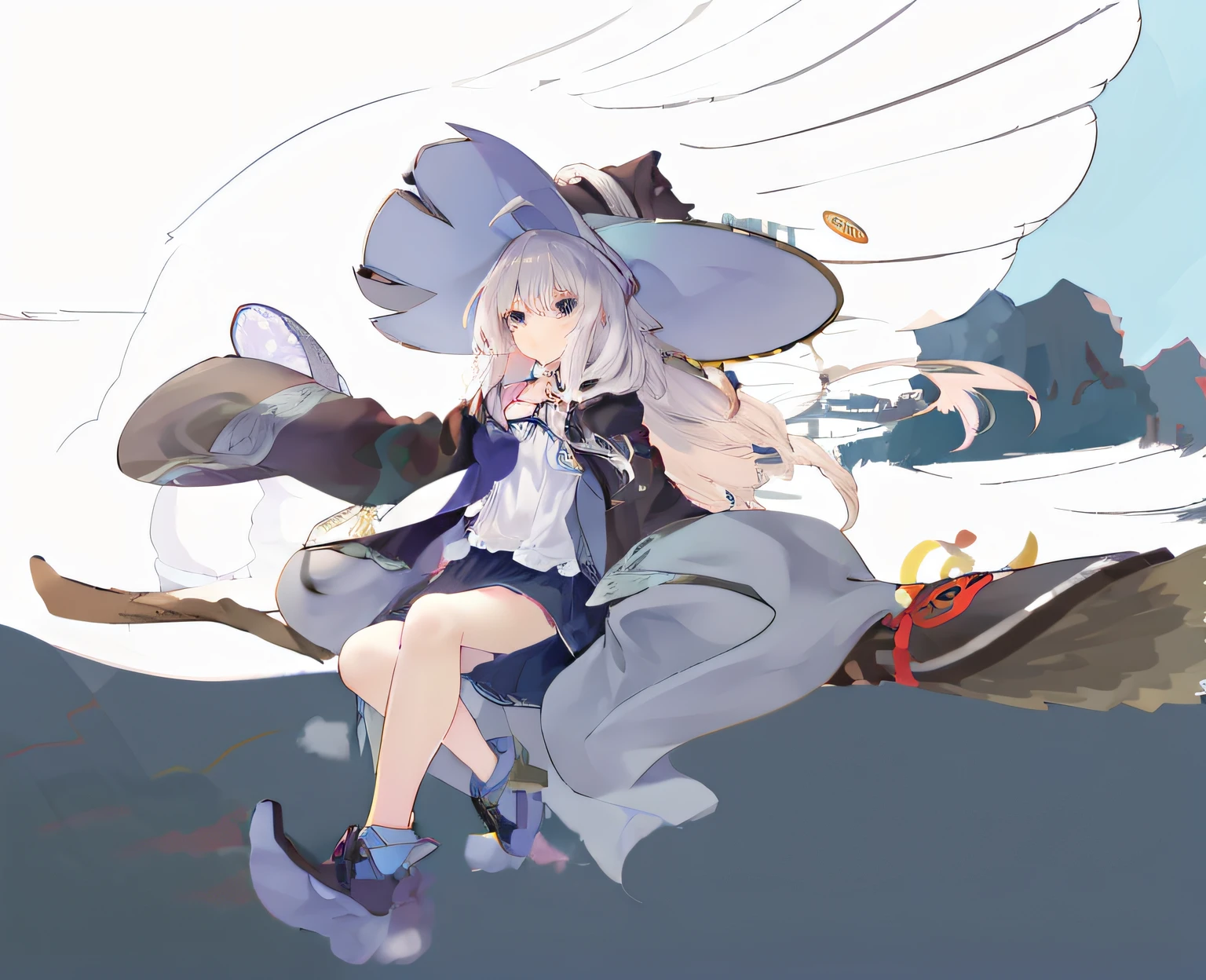 Anime characters sitting on broomsticks wearing hats, zerochan art, zerochan, Kantai collection style, Detailed fanart, sky witch, from touhou, lollipop, witch academia, marisa kirisame, Loli, with straw hat, official fanart, author:Uesaka Seka, the witch, 2 b, 2b, ursula the sea witch