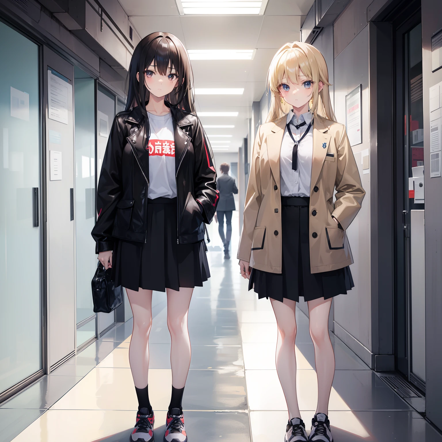 Create an image of two cute anime characters, Yori and Aina, standing in a college hallway. Yori is a beautiful black-haired girl with a lot of attitude. She is stylish and extroverted, and she is wearing a leather jacket, a white college shirt, a dark brown tie, and sneakers. She has a comfortable expression on her face. Aina is a beautiful blonde-haired girl who is shy and introverted. She is wearing a white college shirt, a dark brown college coat, a dark brown tie, and sneakers. She has an uncomfortable expression on her face. The two girls are standing with their faces in opposite directions.