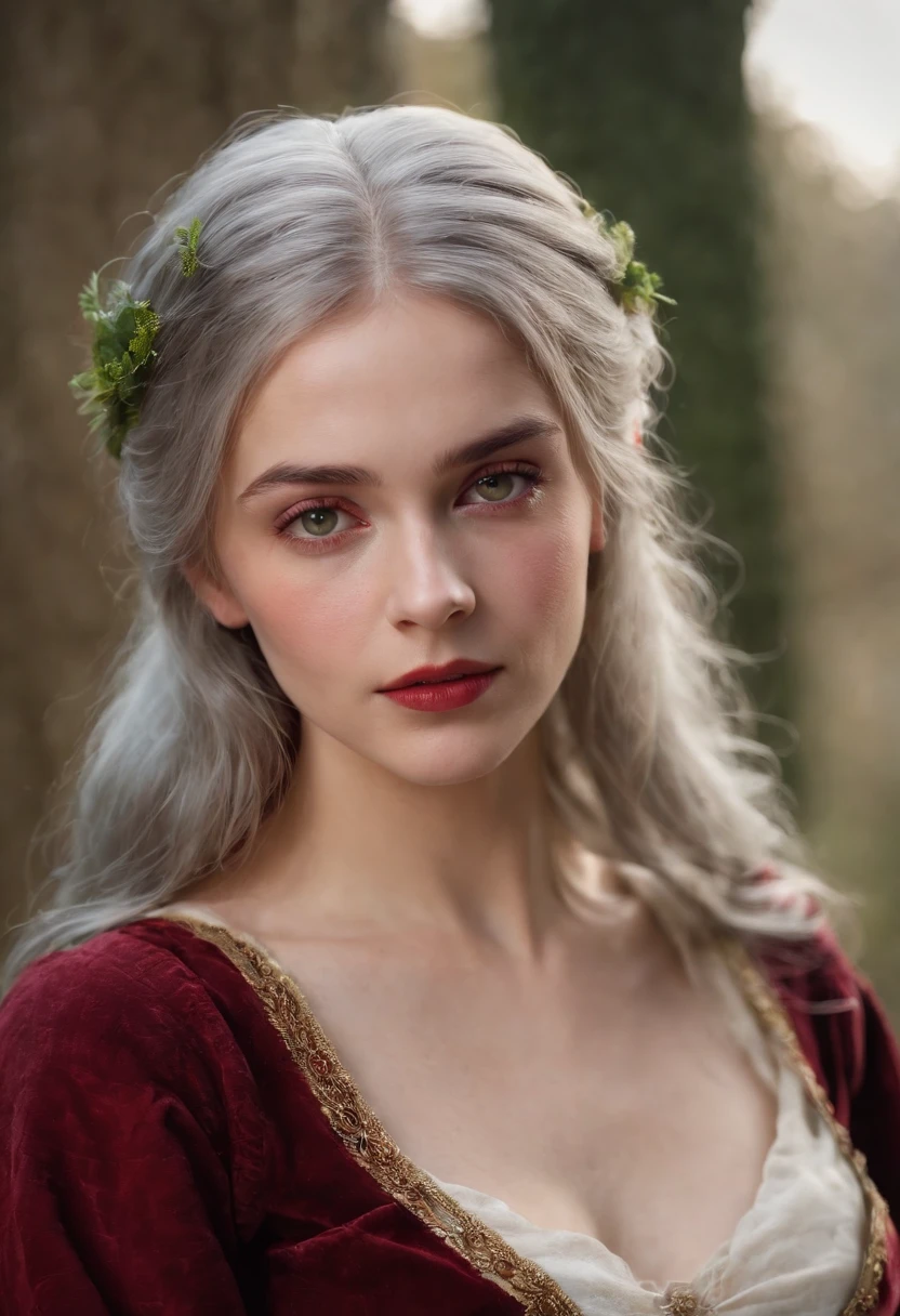 (((A deep red wound streaked across her left cheek))) Fair complexion, A woman around 19 years old, Natural gray hair, Unique green eyes, Wear Cole, Slender and graceful, Beautiful, Candlelight in a medieval setting, super sharp focus, realistic lens, Medieval women's clothing, Four colors (Scar:1.4)