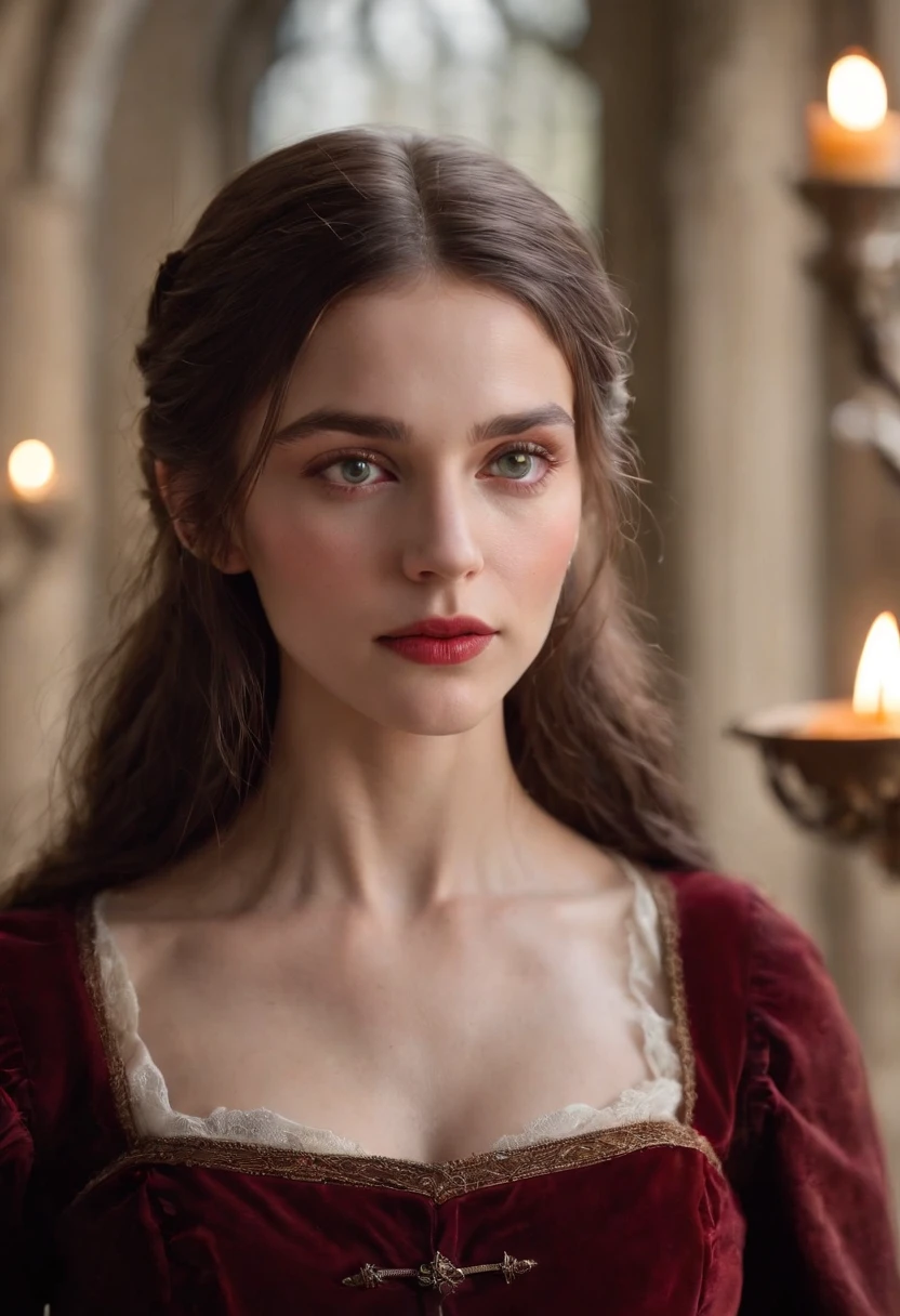 (((A deep red wound streaked across her left cheek))) Fair complexion, A woman around 19 years old, Natural gray hair, Unique green eyes, Wear Cole, Slender and graceful, Beautiful, Candlelight in a medieval setting, super sharp focus, realistic lens, Medieval women's clothing, Four colors (Scar:1.4)