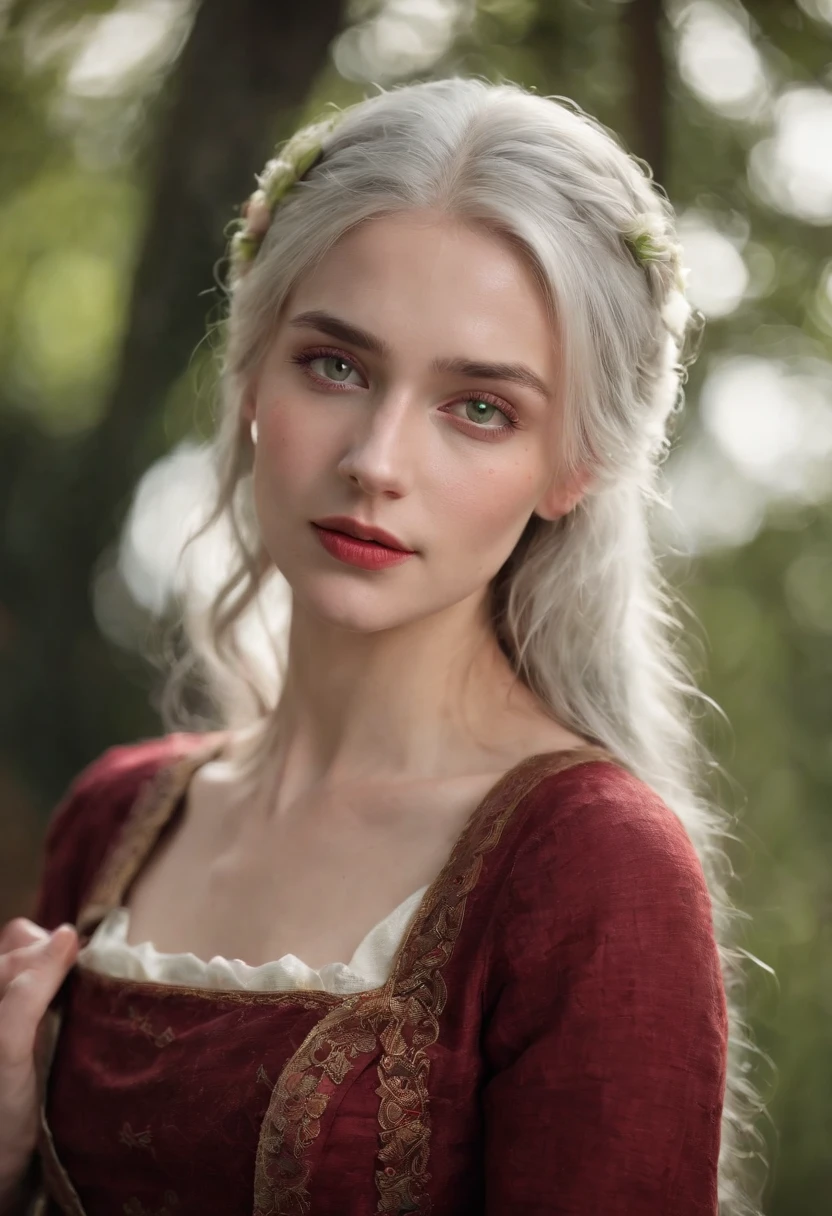 (((A deep red wound streaked across her left cheek))) Fair complexion, A woman around 19 years old, Natural gray hair, Unique green eyes, Wear Cole, Slender and graceful, Beautiful, Candlelight in a medieval setting, super sharp focus, realistic lens, Medieval women's clothing, Four colors (Scar:1.4)