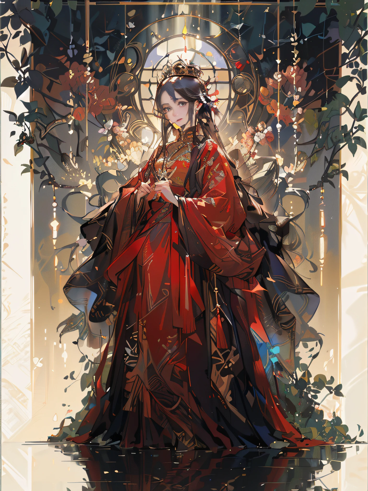 I can give you the following tips for stable diffusion:
"Woman in red dress standing in front of colorful stained glass window, Palace, A girl in Hanfu, beautiful fantasy empress, (beautiful fantasy empress), Gustav Klimt, Gustav Klimt at the Pisiv Art Station, Gustav Klimt style artwork, The masterpiece of Gustav Klimt, by Yang J"
Please note,On request,Segmentation prompts are not possible,On the contrary, You need to put everything on one line。If necessary, You can use appropriate parentheses and punctuation to enhance the strength of some labels,wie z (beautiful fantasy empress)。Additionally,I added details and artistic style related to the theme in this tip,Artists Gustav Klimt and Jan,Designed to produce images with a strong sense of style and art。