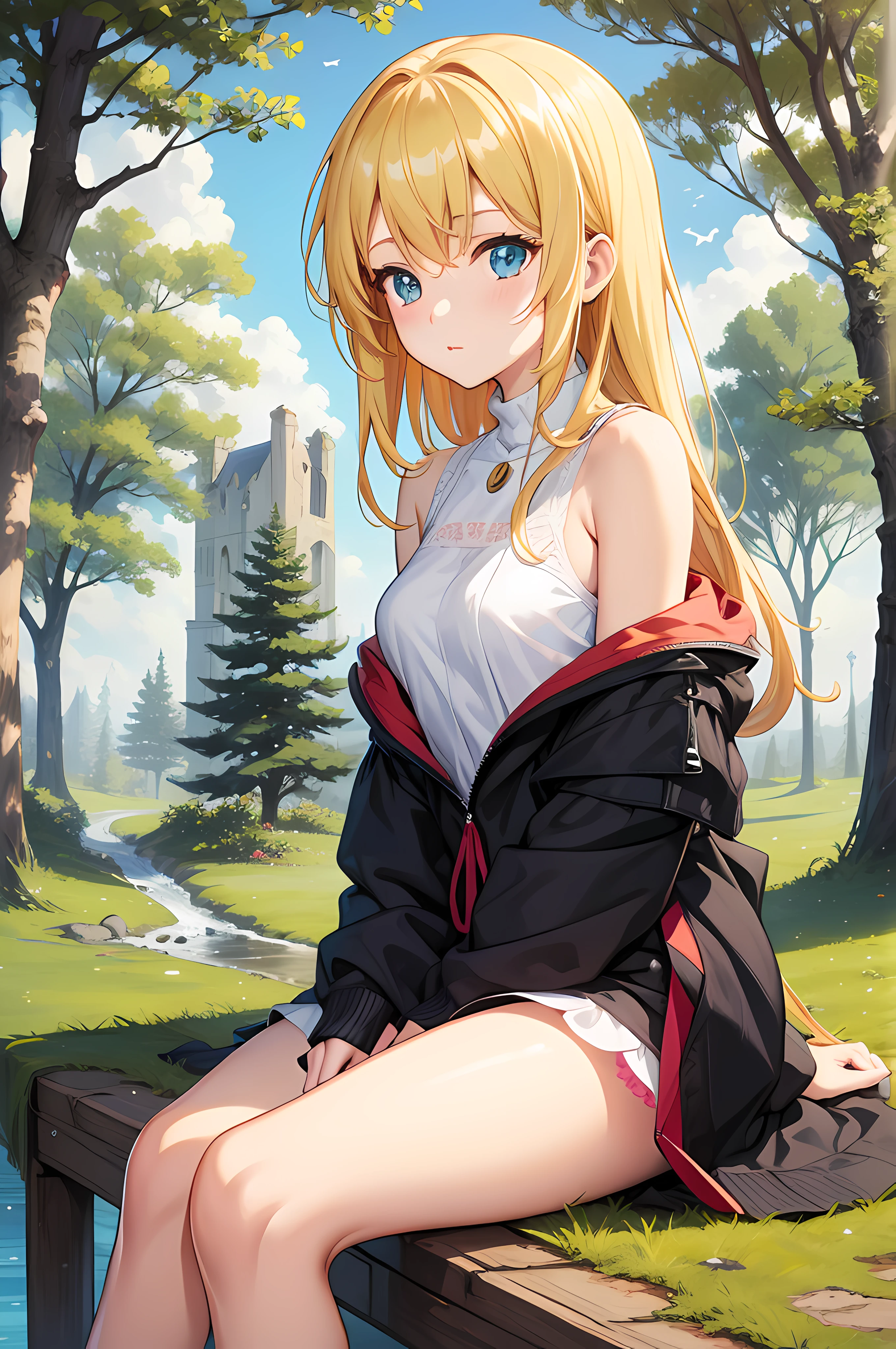 Anime style, girl , sitting under a tree, in a world o fantasy, nature scenery background, masterpiece, best quality, taking panties off