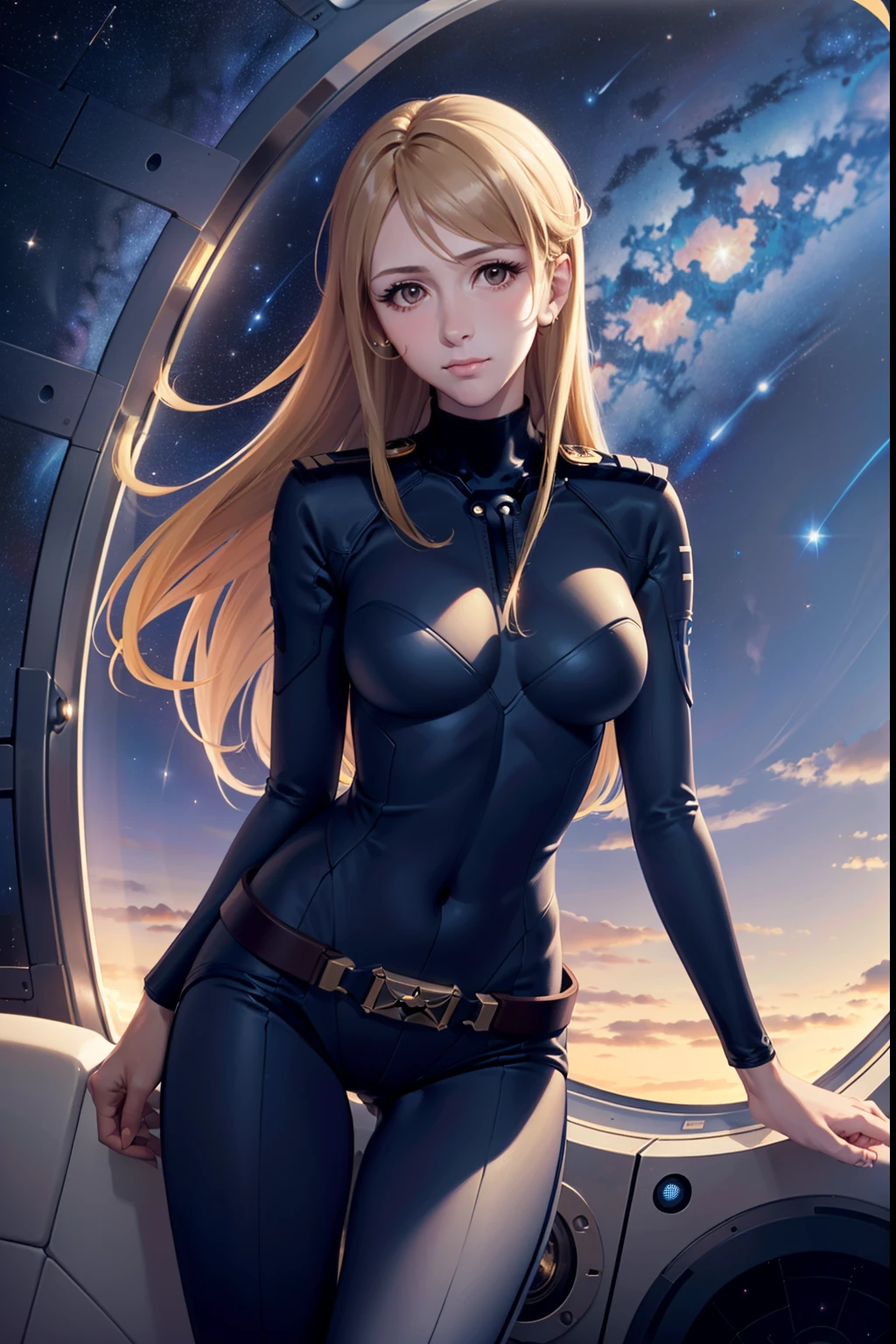 (masterpiece, best quality:1.2), (cowboy shot:1.1), solo, 1girl, mori yuki, slight smile, closed mouth, looking at viewer, blonde hair, thigh gap, yellow bodysuit, skin tight, belt, large window, (starship porthole:1.3), from front, (spread legs:1.3), (standing:1.1), starship interior, (outer space view:1.1), (orbital view:1.3), (night, stary sky:1.5), milky way