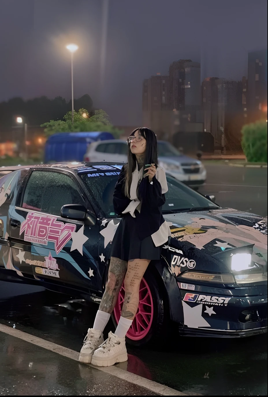 mulher sentada em um carro com um adesivo, foto de perfil 1024px, foto de perfil, foto do perfil, anime car wrap, tomada em 2 0 2 0, Xianxia de corpo inteiro, Cyberpunk Streetwear, suave em _ O pano de fundo, japanese drift car, Estilo anime misturado com Fujifilm, Beautiful girl with Japanese school uniform short black skirt, tatuagens nas pernas, chuva leve a noite