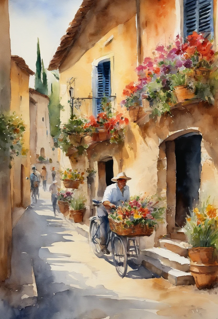 Italy toscana market street, with flower shop, a man on his bike