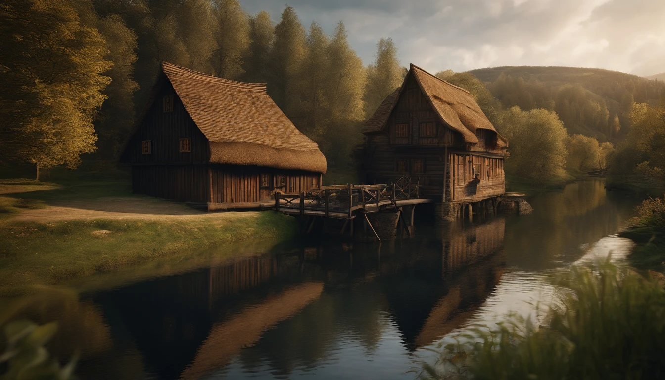 Wooden house next to the watermill,With large rollers,A river,uni, detailed scenic view, , medieval village, ,Power Hero & Magic 3,Fantastical,4K,best qualtiy,primitive,Intense light and shadow,((Ultra-detailed and high-precision details)),(The picture is clear and sharp),Tree texture in detail,Overlooking