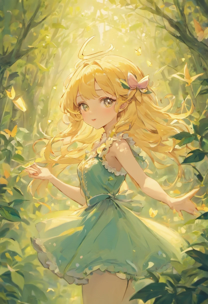 Elf Girl,wonderland,Curly hair in waves,golden hair,A slightly surprised expression,butterflys,trpical garden