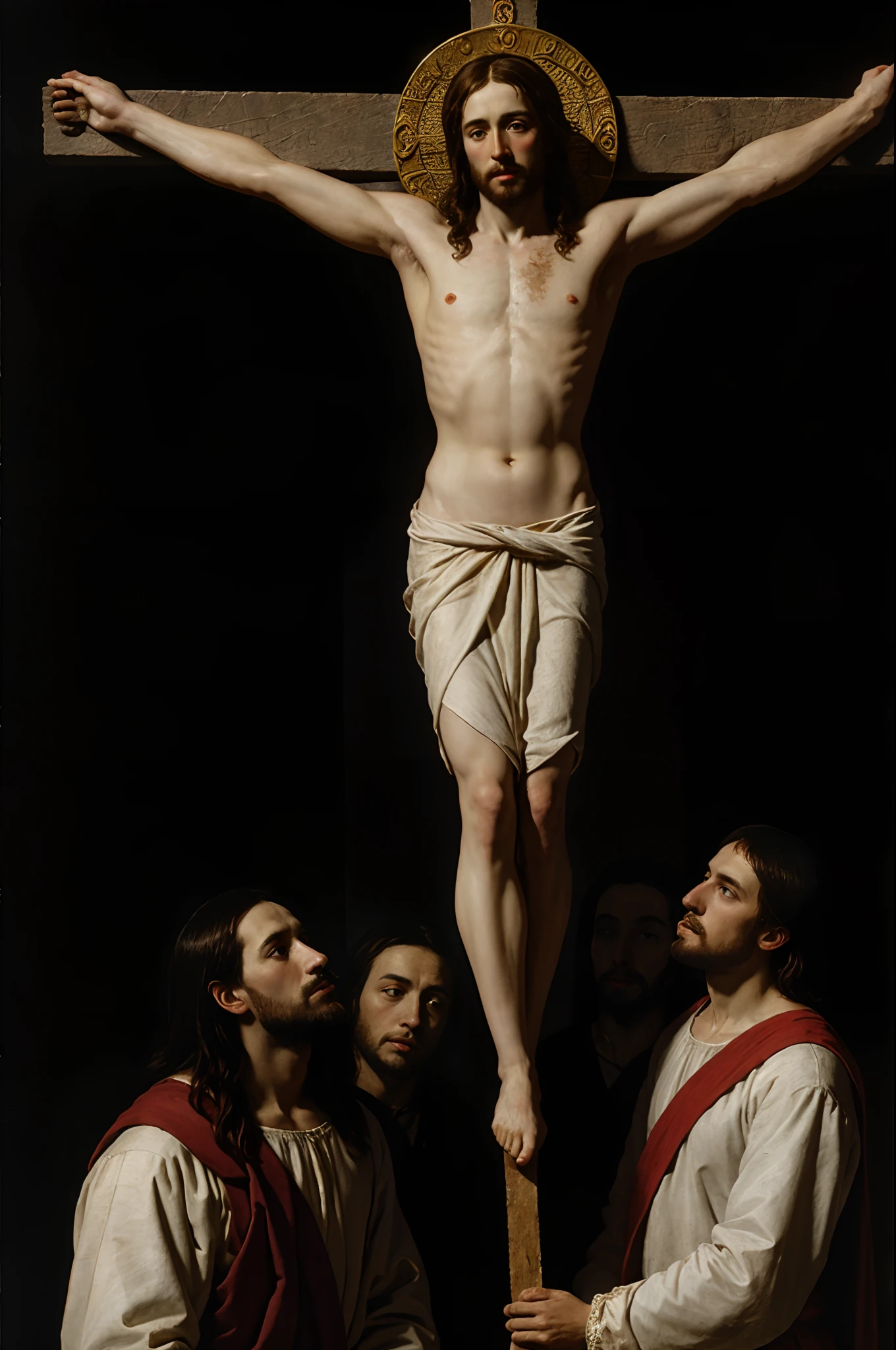 Jesus Christ crucified on Mount Golgotha, black background, art by Anthony van Dyck