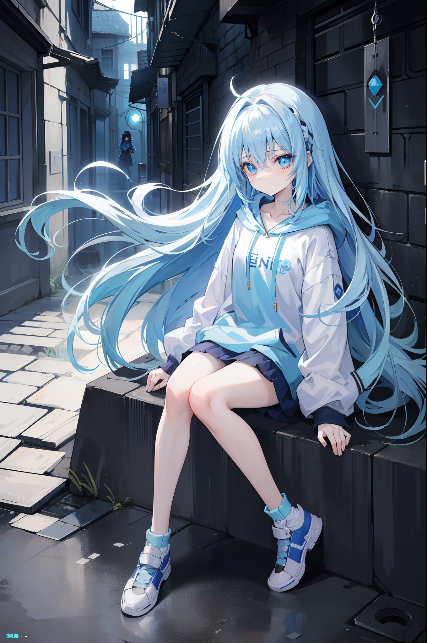 1 girl in、top-quality、masutepiece、lightblue hair、The long-haired、fluffy hair、Light blue hoodie、((Depicted from head to knee))、Looking at the camera、Moe Sleeve、Mine Woman、((Disease system))、Lethargic girl、cute little、Wearing a hood、(((dark alley)))