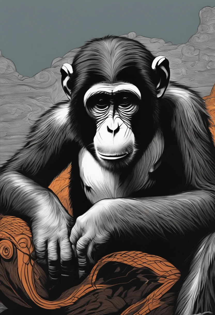 Monkey, cartoon style, thick lines, line art, white and black.