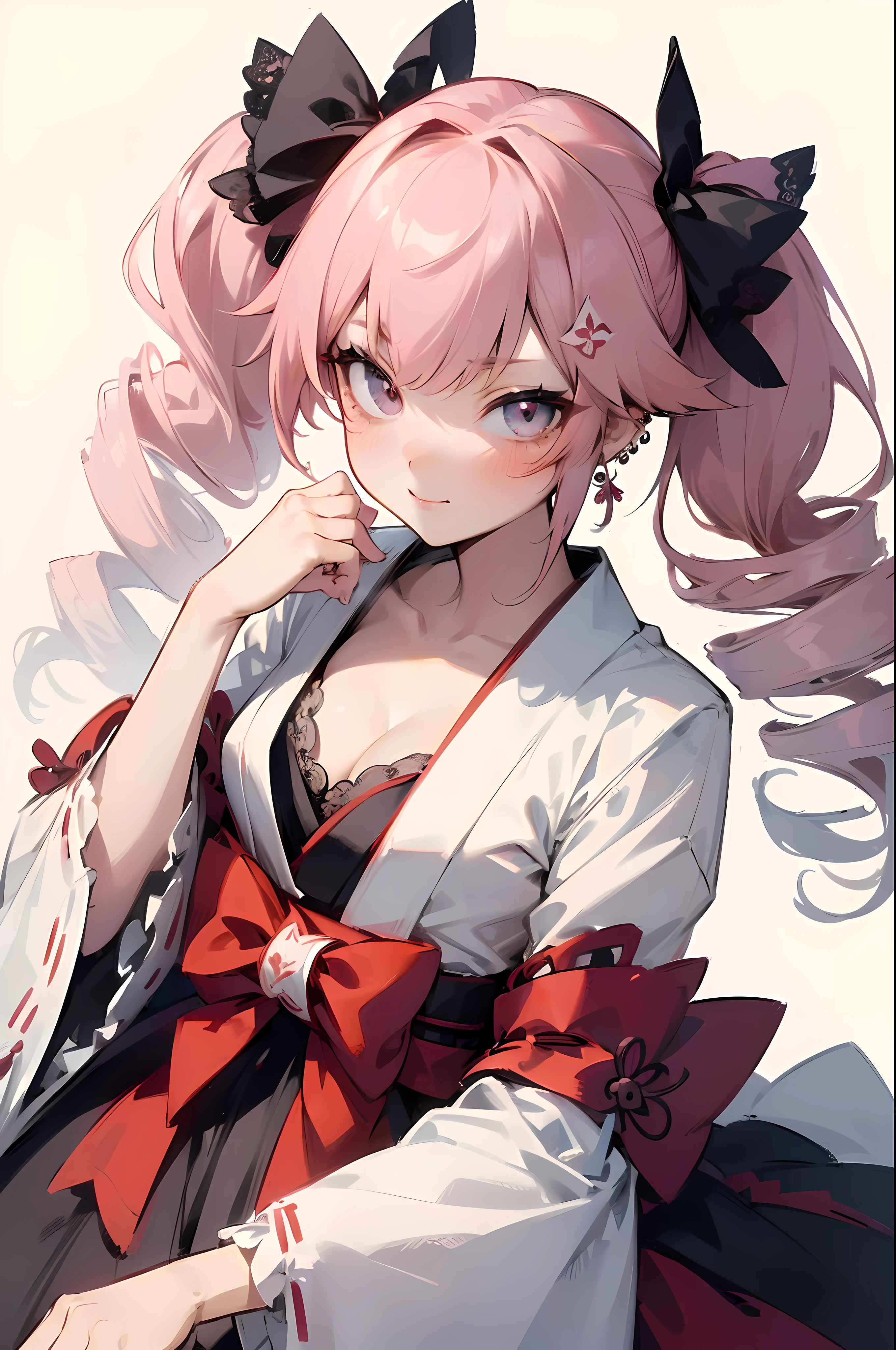 (Masterpiece:1.3), hyper quality, Hyper Detailed, Perfect drawing,Hi-Res、1girll,ssmile、Loose and fluffy hair、(((drills twintails)))、A pink-haired、Big eyes with double eyelids、lofty nose、blusher(0.2)、small mouth、ear piercings、(Japanese miko clothes:1.3), (gothic lolita:1.2),(KIMONO),cleavage(((Lolita Fashion)))、Clothes with lots of lace and frills、Shooting from diagonally below, portlate、beatiful backgrounds, meticulous drawing, Accurate drawing、Perfect illustration、Perfect Beautiful Girl、high-class sense