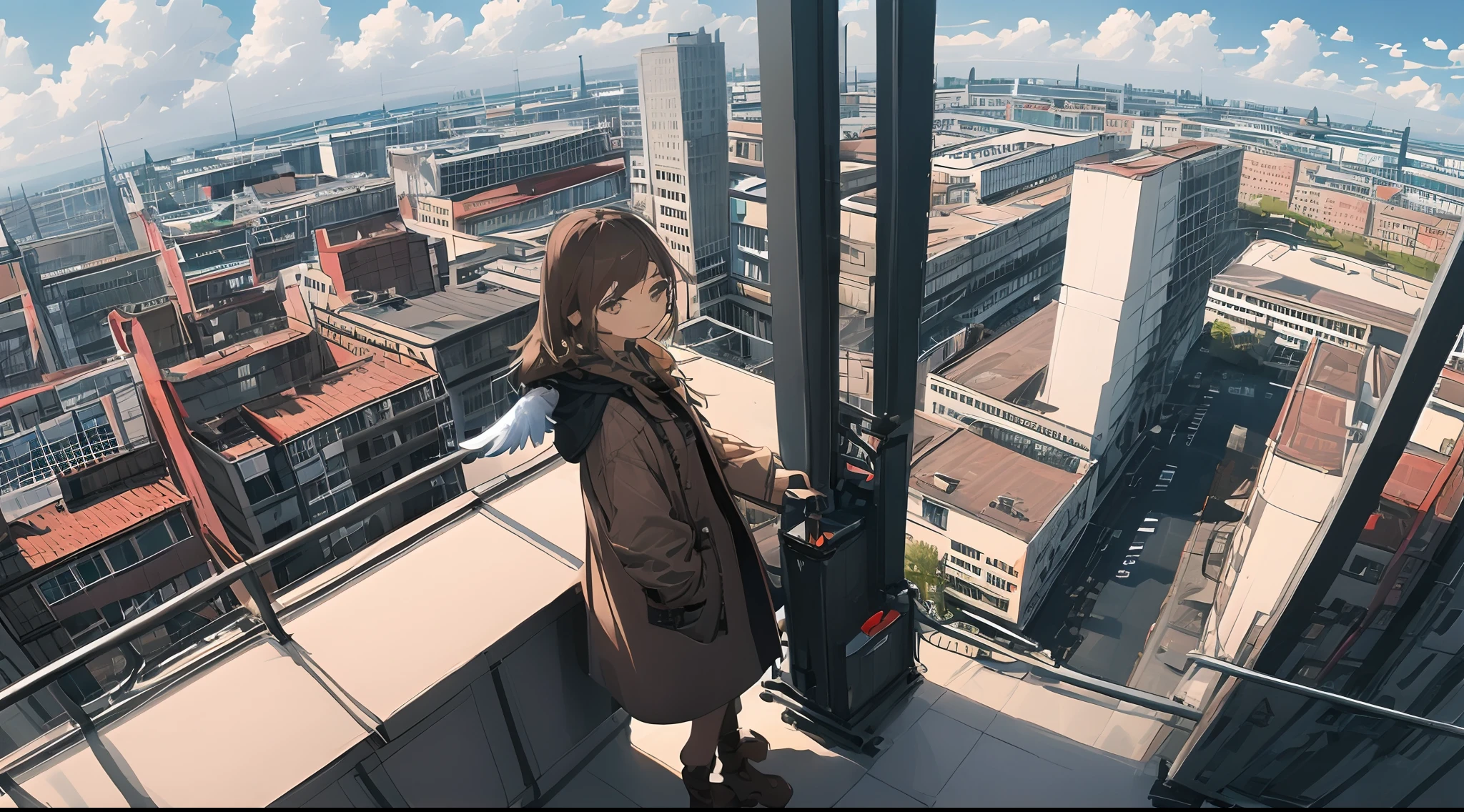 (masterpiece, best quality),from above , 1girl, solo, (feathered wings:1.2), billboard, brown eyes, brown hair, building, city, cloudy sky, coat, boots, crane \(machine\), dutch angle, from side, light frown, looking at viewer, outdoors, rooftop, sky, skyscraper