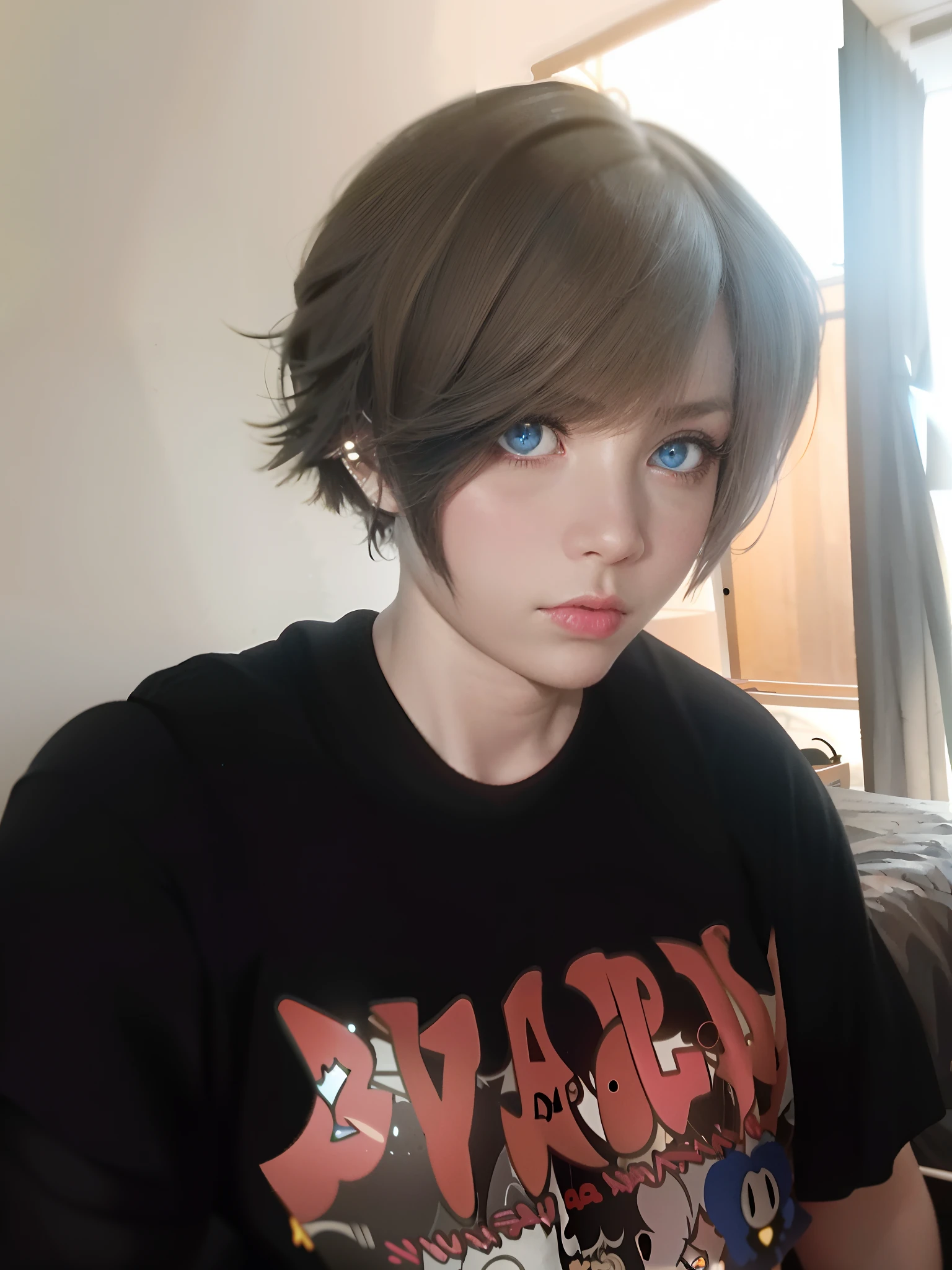 A girl wearing black short sleeves, 1 7 years old, Hermaphroditic face, Short brown hair and big blue eyes, Anime girl in real life, androgynous person, halfbody headshot, Handsome Japanese devil, androgyne, 8K)), beautiful androgynous girl