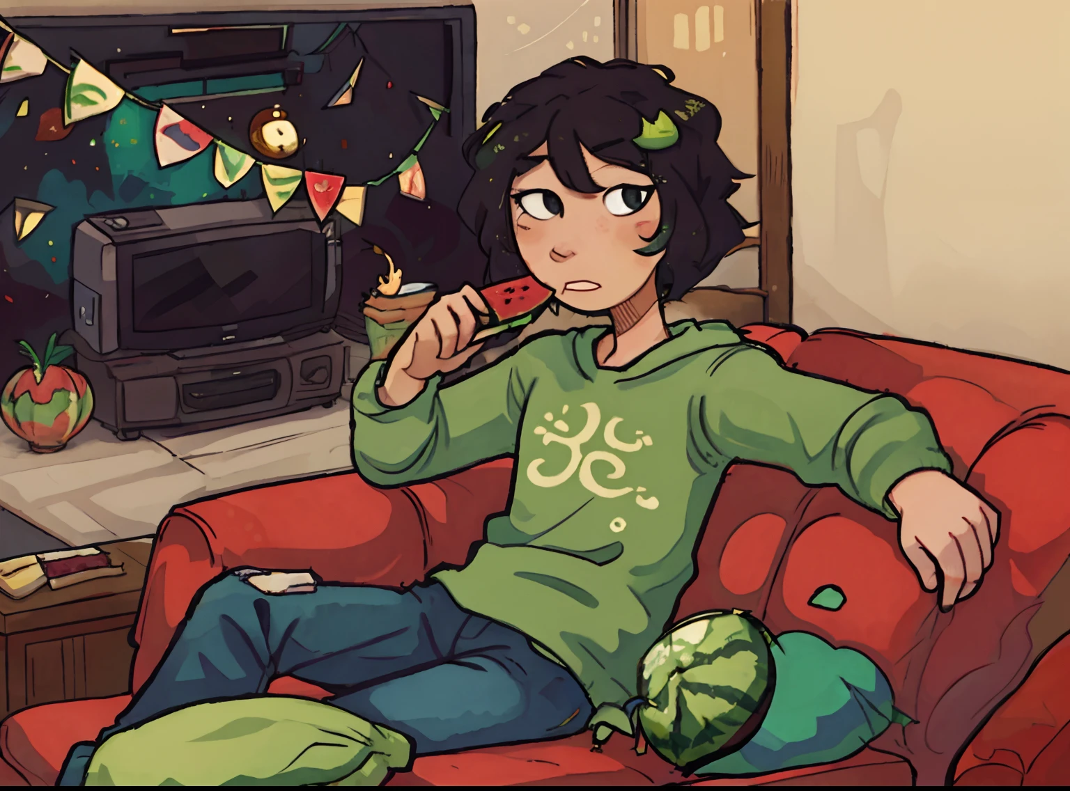 A girl sits on a sofa,Eating watermelon,Watching TV,夏天