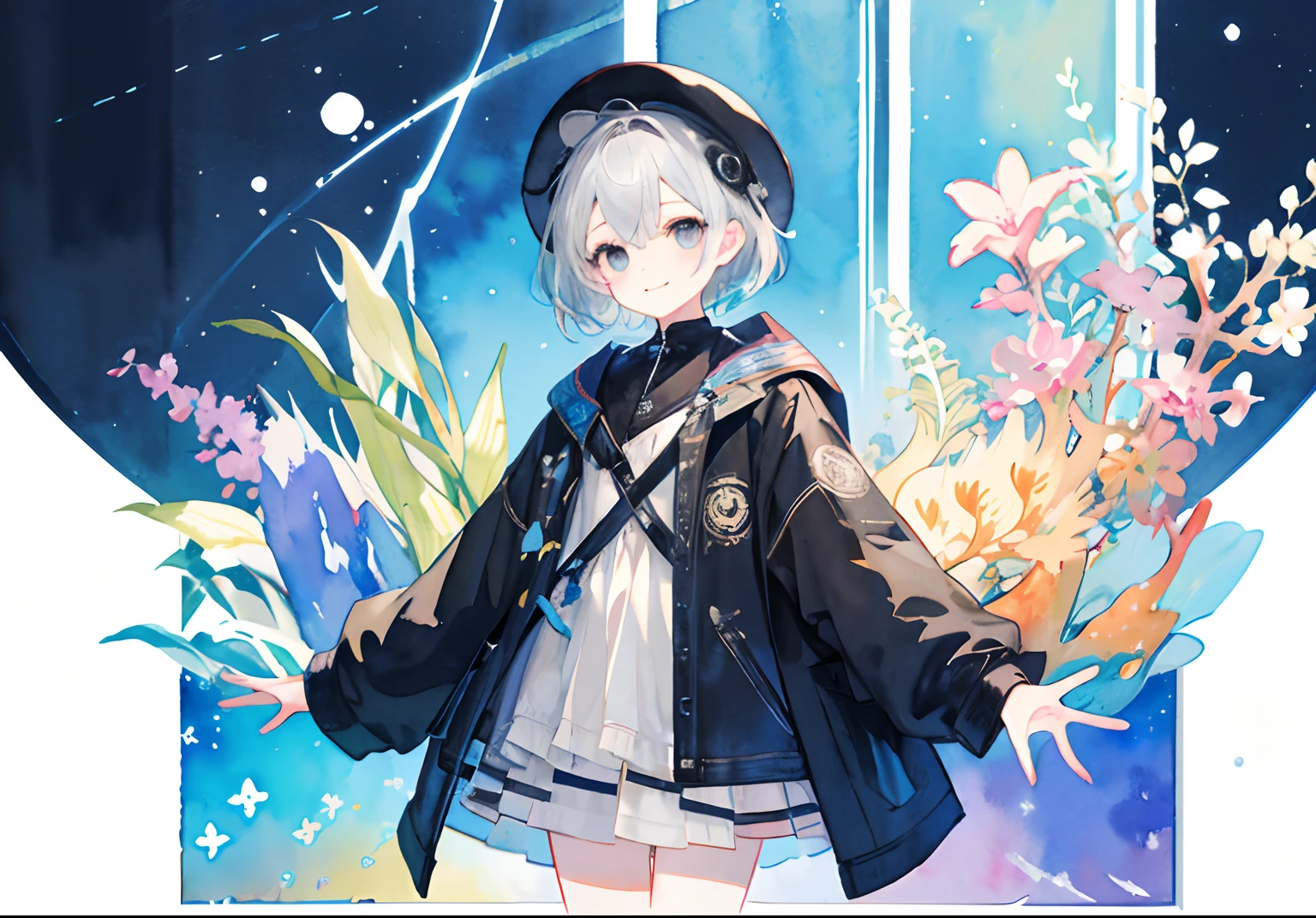 PastelColors:1.5)、(Cute illustration:1.5)、(watercolor paiting:1.2)、Light blue background、girl with、full body Esbian、A smile、Stranger、Pale yellow all over、Moya、marble、the reef、Little light around、Particles of light、Short hair, Grey Hair, Black eyes, coat, Standing, High Spirits/motivating, pale skin, Outdoors, city, Looking at Viewer, thick outline, black outlines, --niji 5 --style cute --ar 1:1 --s 600、A detailed eye