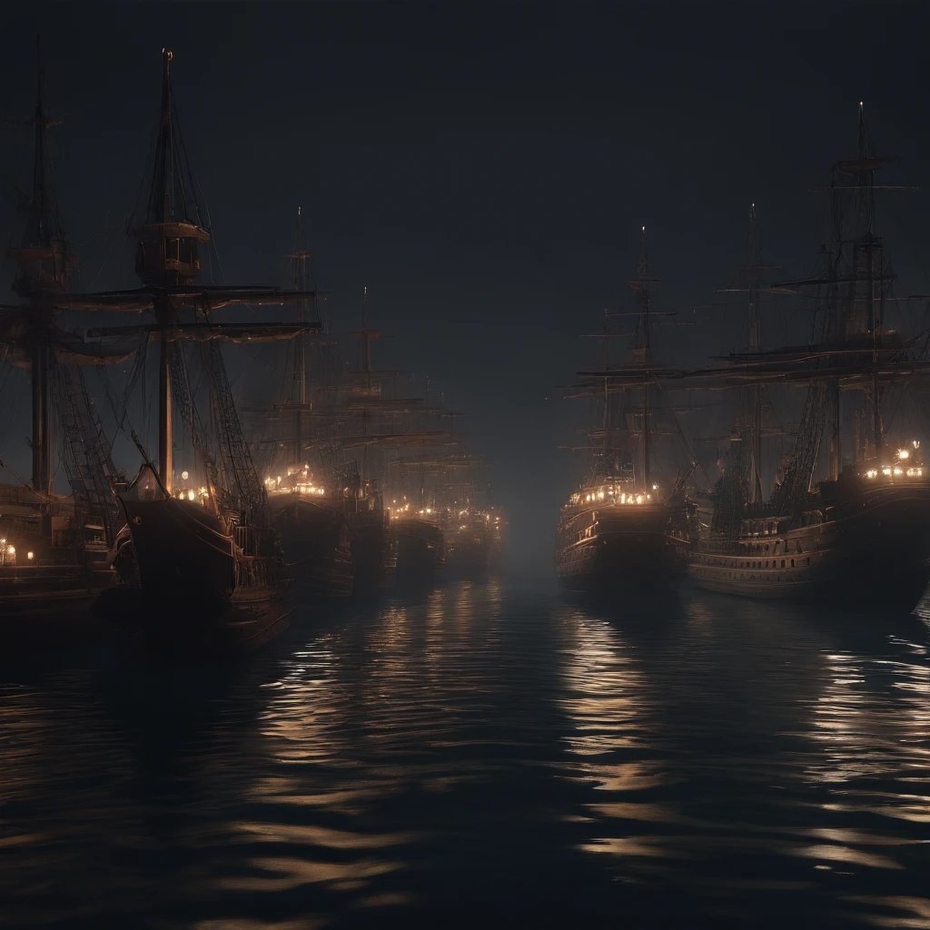 An army of ghost ships in the night. 4k, ultra realista, Kinematic ::n_Dibujo de estilo, Low quality imperfection, dollface, juego, anime