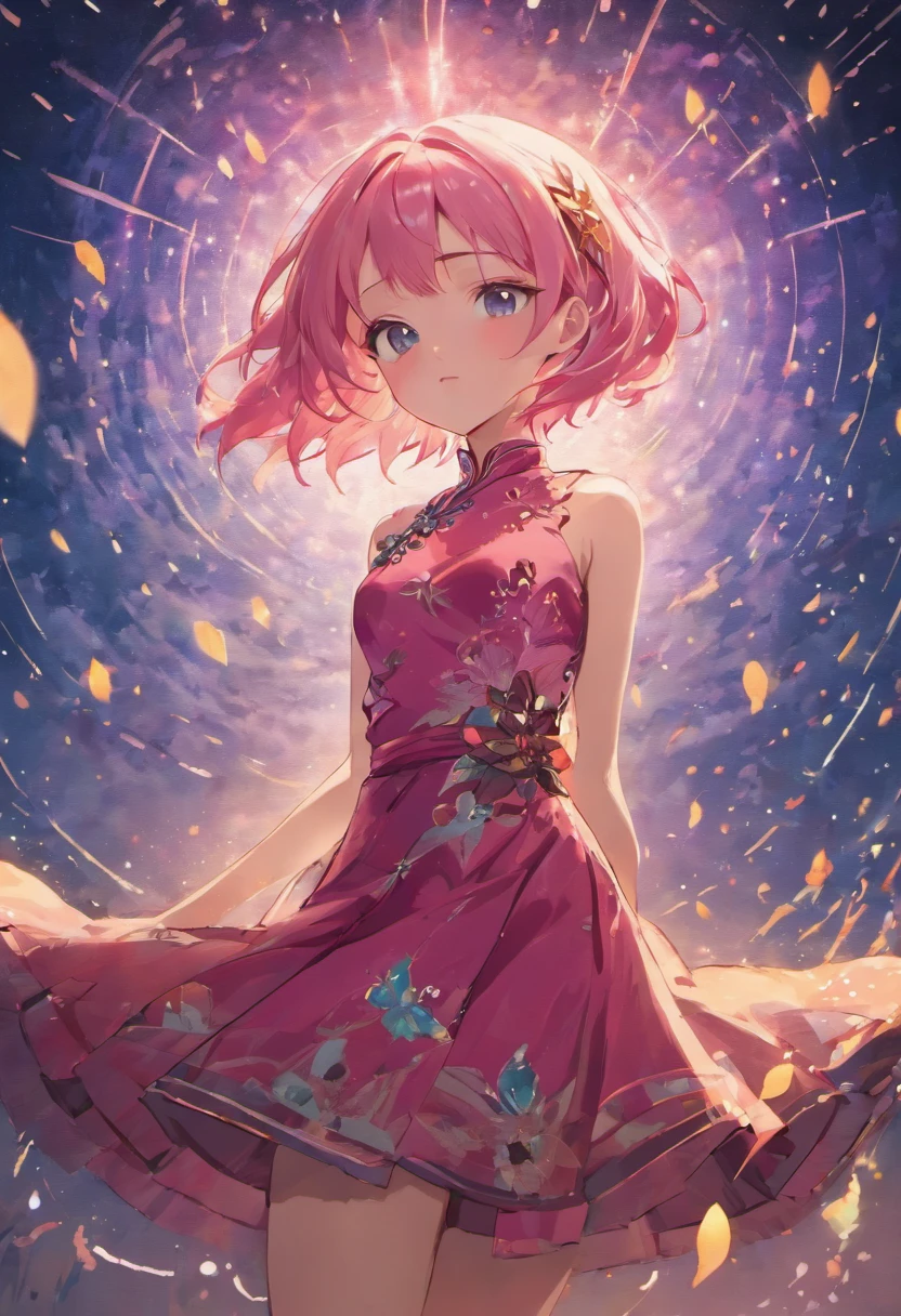(best quality,8K resolution,masterpiece:1.2),a woman with pink hair wearing a turquoise cheongsam dress, voluptuous figure, surrounded by fireflies, with a backdrop of a starry night sky and a lakeside, sharp lines, enhanced details, detailed facial features, front view