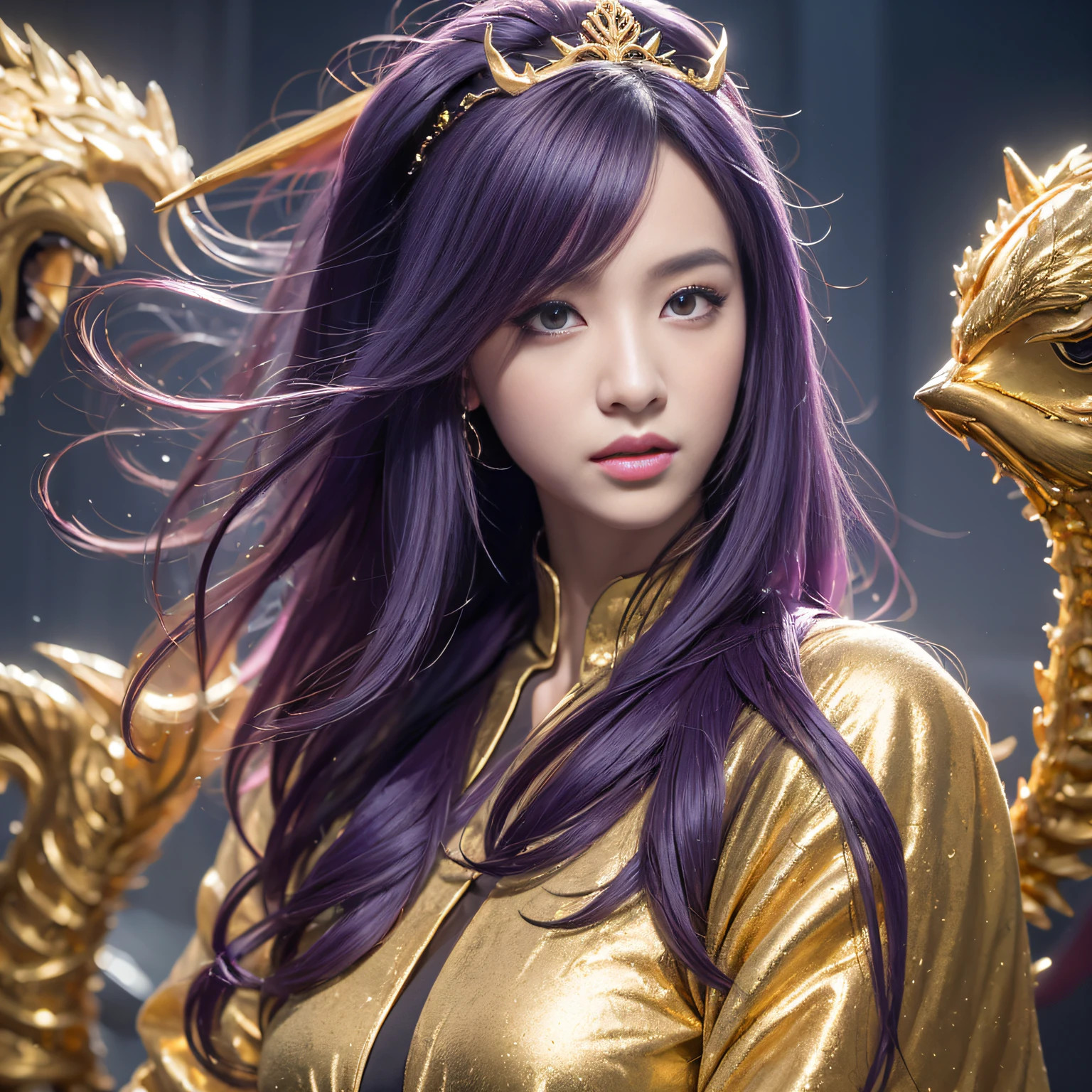 32K（tmasterpiece，k hd，hyper HD，32K）Long flowing bright purple hair，Autumn Pond，zydink， a color，  Asian people （Silly girl）， （Silk scarf）， Combat posture， looking at the ground， long whitr hair， Floating bright purple， Fire cloud pattern gold tiara， Chinese long-sleeved gold silk garment， （abstract ink splash：1.2）， smoky background，Lotus protector（realisticlying：1.4），Bright purple hair，Smoke on the road，The background is pure， A high resolution， the detail， RAW photogr， Sharp Re， Nikon D850 Film Stock Photo by Jefferies Lee 4 Kodak Portra 400 Camera F1.6 shots, Rich colors, ultra-realistic vivid textures, Dramatic lighting, Unreal Engine Art Station Trend, cinestir 800，Long flowing bright purple hair