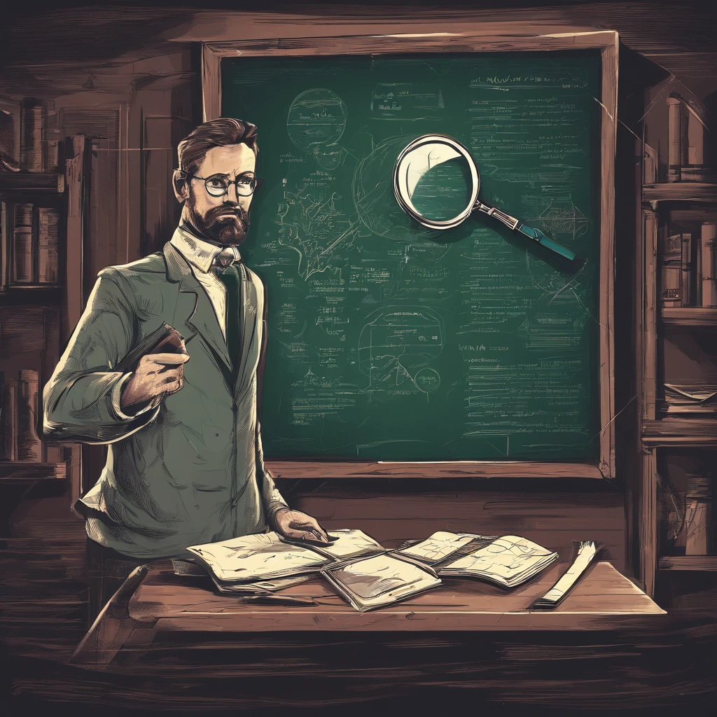 There was a man standing in front of the blackboard magnifying the blackboard,vector, ((magnifying glass))