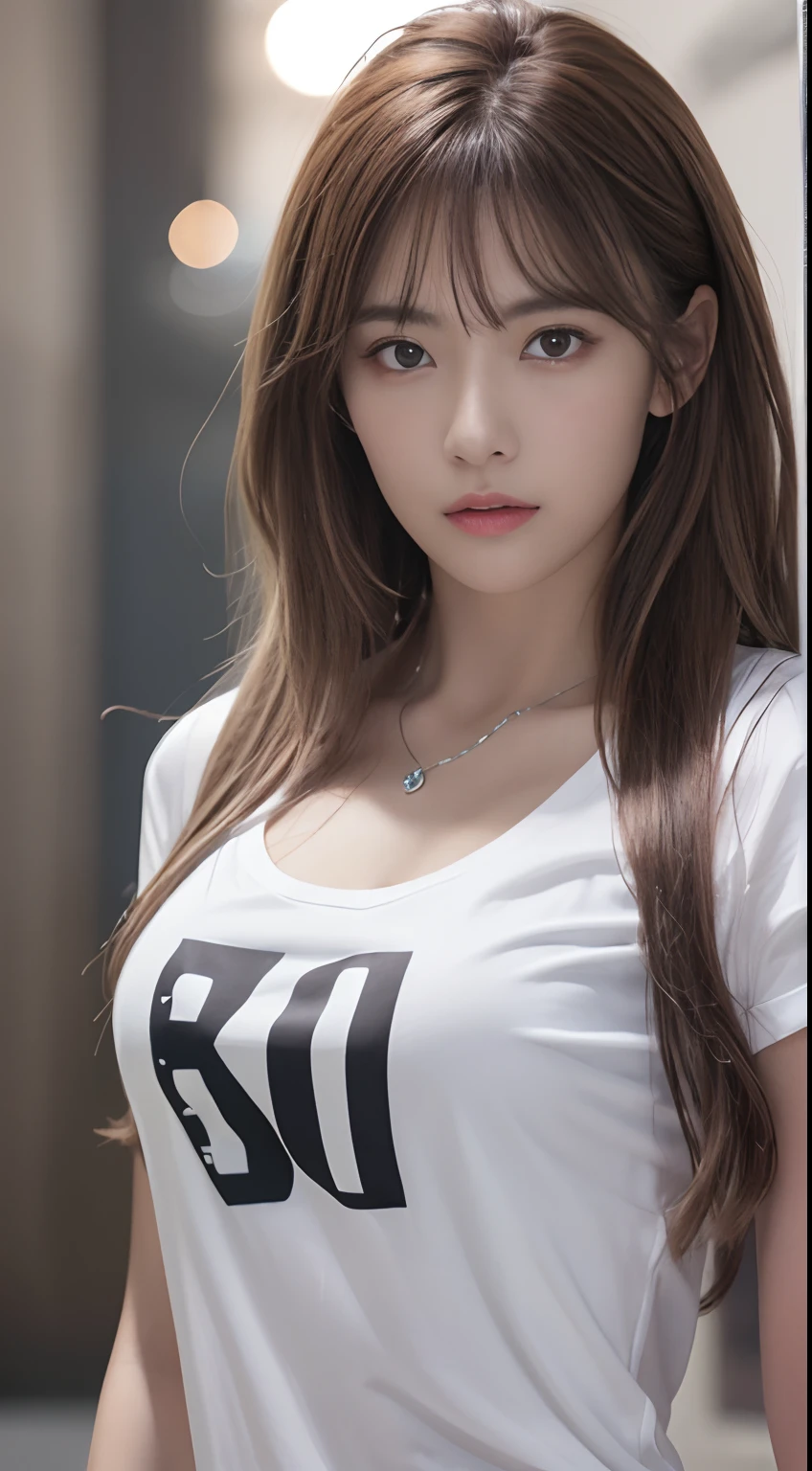((Realistic lighting、top-quality、8K、tmasterpiece:1.3))、Clear focus:1.2、A 1 girl、Perfect body beauty:1.4、Slim abs:1.1、full bodyesbian、((dark brown hair、Large full breasts:1.3))、(Acceleration:1.4)、Slender face、Fine eyes、二重まぶた、Fashion model pose、Floating hair、tee shirt、Pendants、White background、Gray background、
