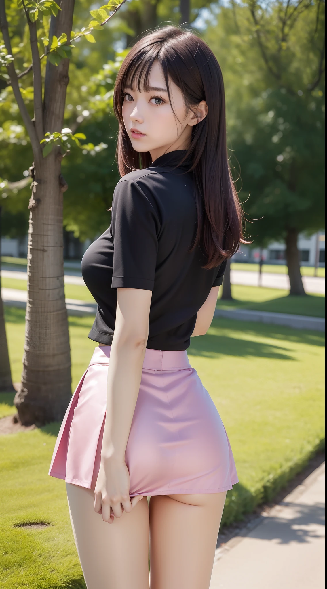 (4K image quality)、{8K photo quality:2}、{An ultra-high resolution photo quality:2}、{Ultra-realistic}、{perfect anatomy}、{japanes}、{nsfw}、1female、black micro-mini tight-skirt、{{{all-fours}}}、{Open your crotch}、Skirt twisted、shiny Pink satin hight-leg panties visible、Being in a well-lit park、Face facing forward、ass focus